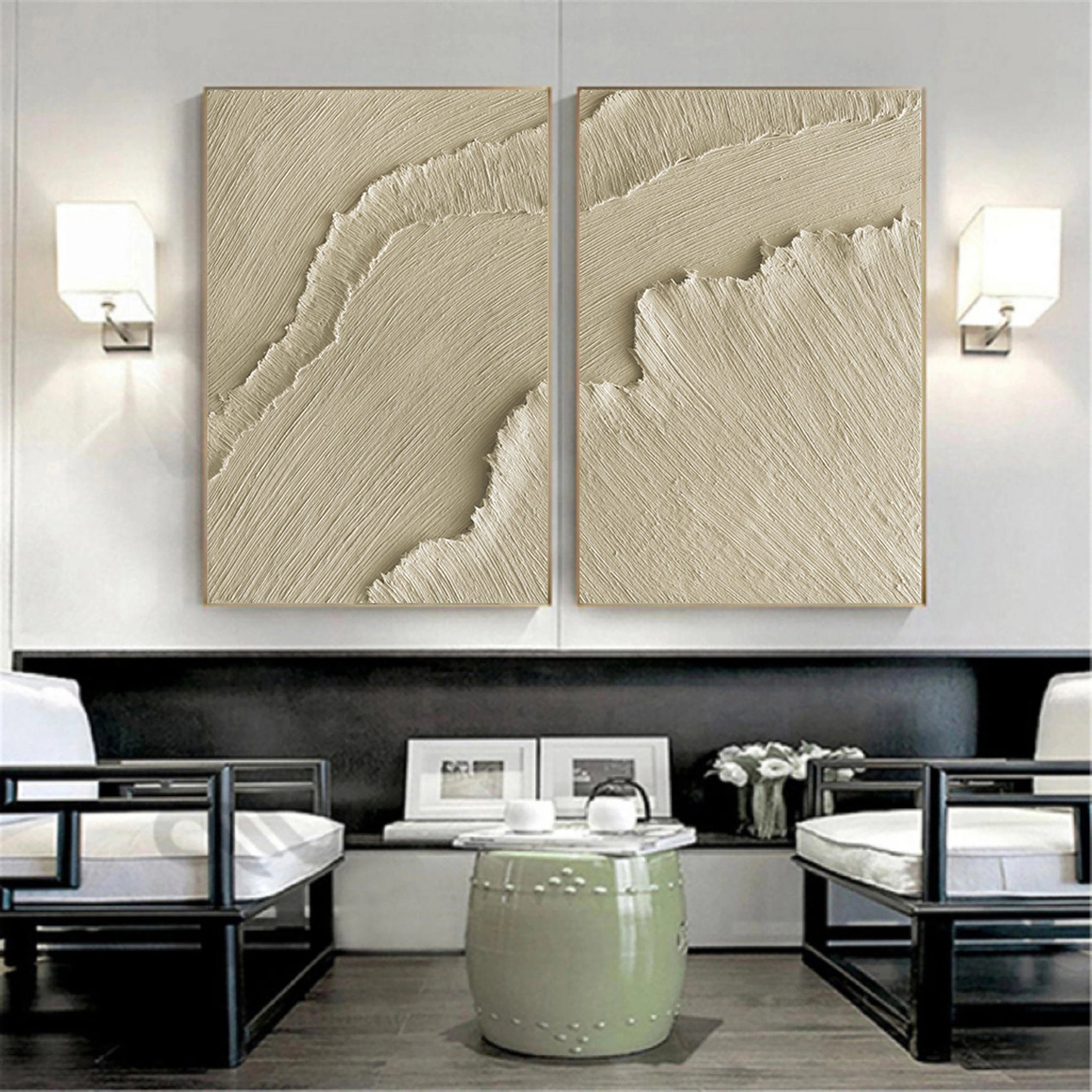 Set of 2 Beige Plaster Art Minimalistic Large Painting Wall Decor
