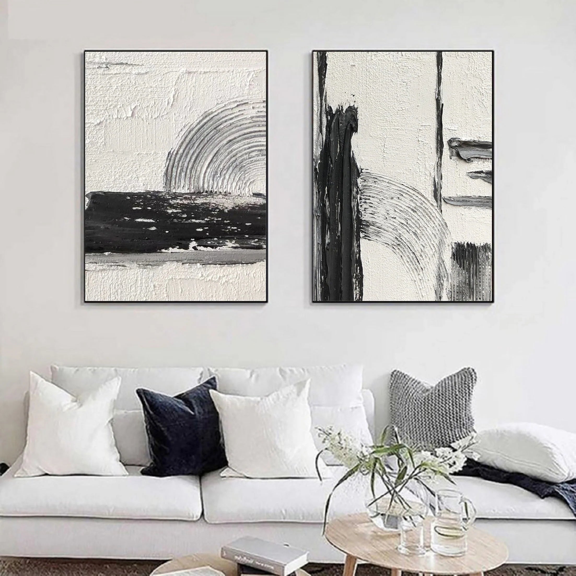 Set of 2 Plaster Black and Beige Minimalistic Painting for Room Decor
