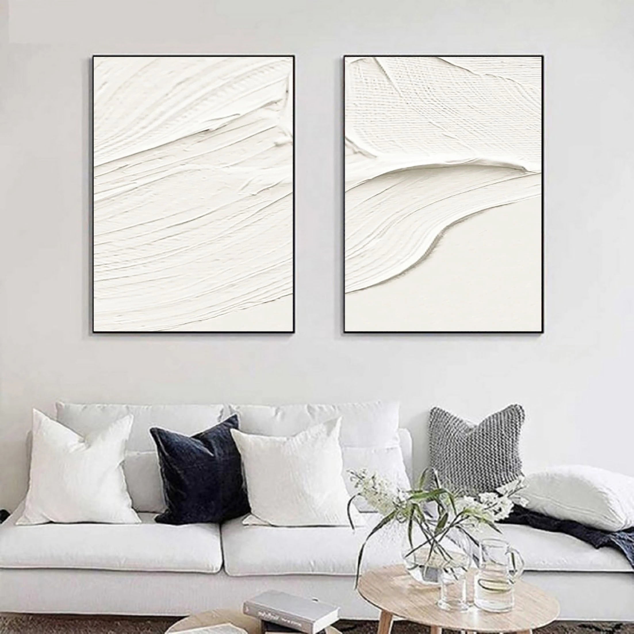Set of 2 Plaster Art 3D Textured White Painting Original by Artist