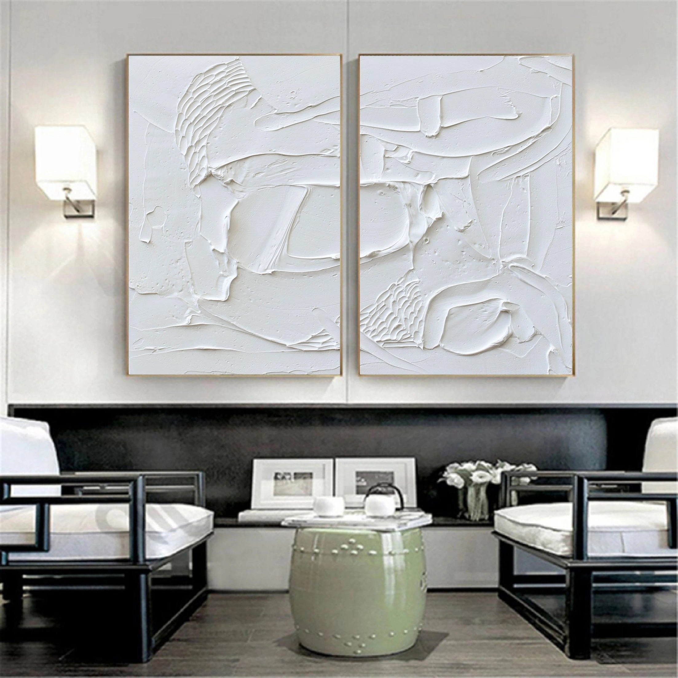 White Textured Plaster Set of 2 Large Painting for Room Decor