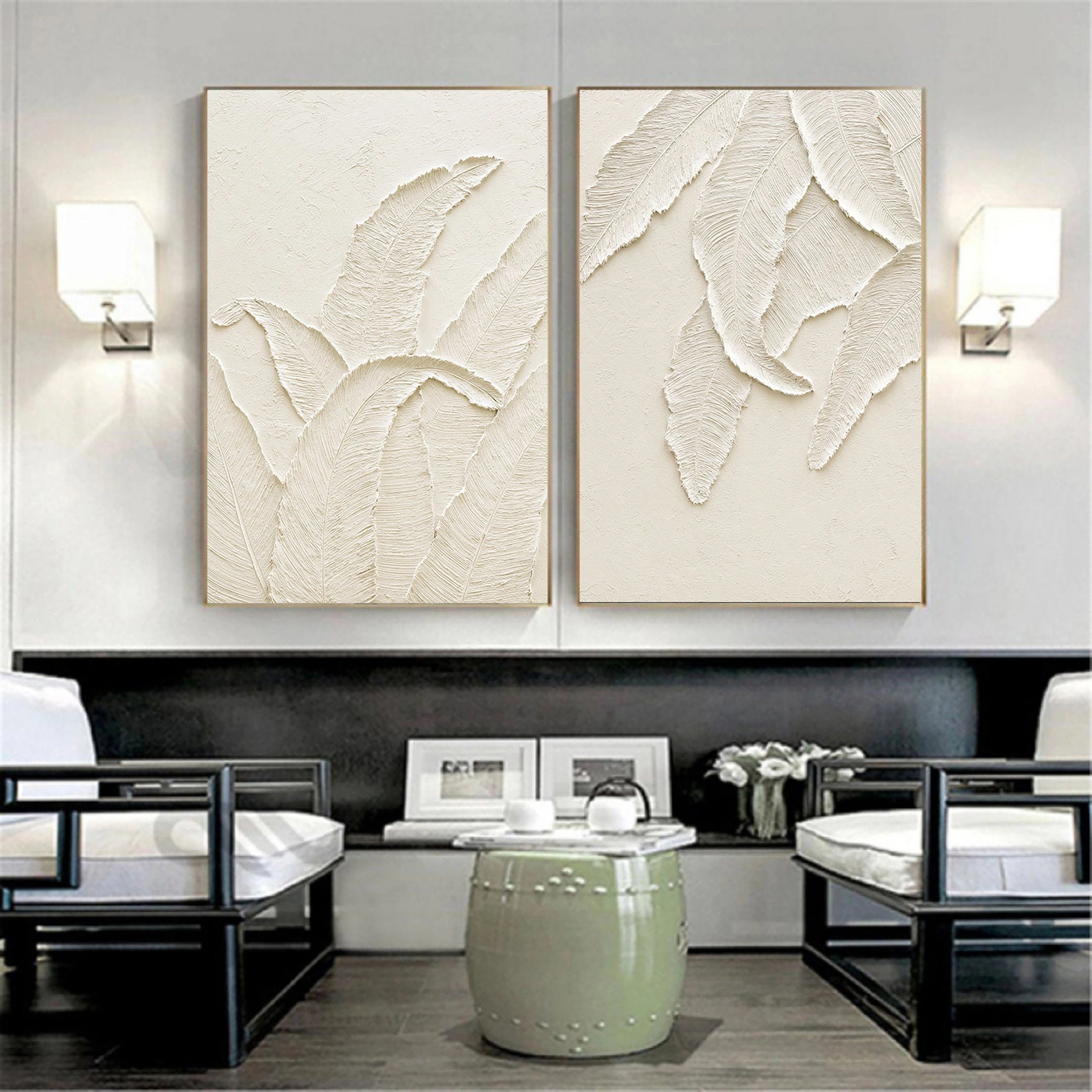 Set of 2 Plaster Art Painting Minimalistic Wall Artwork for Room Decor