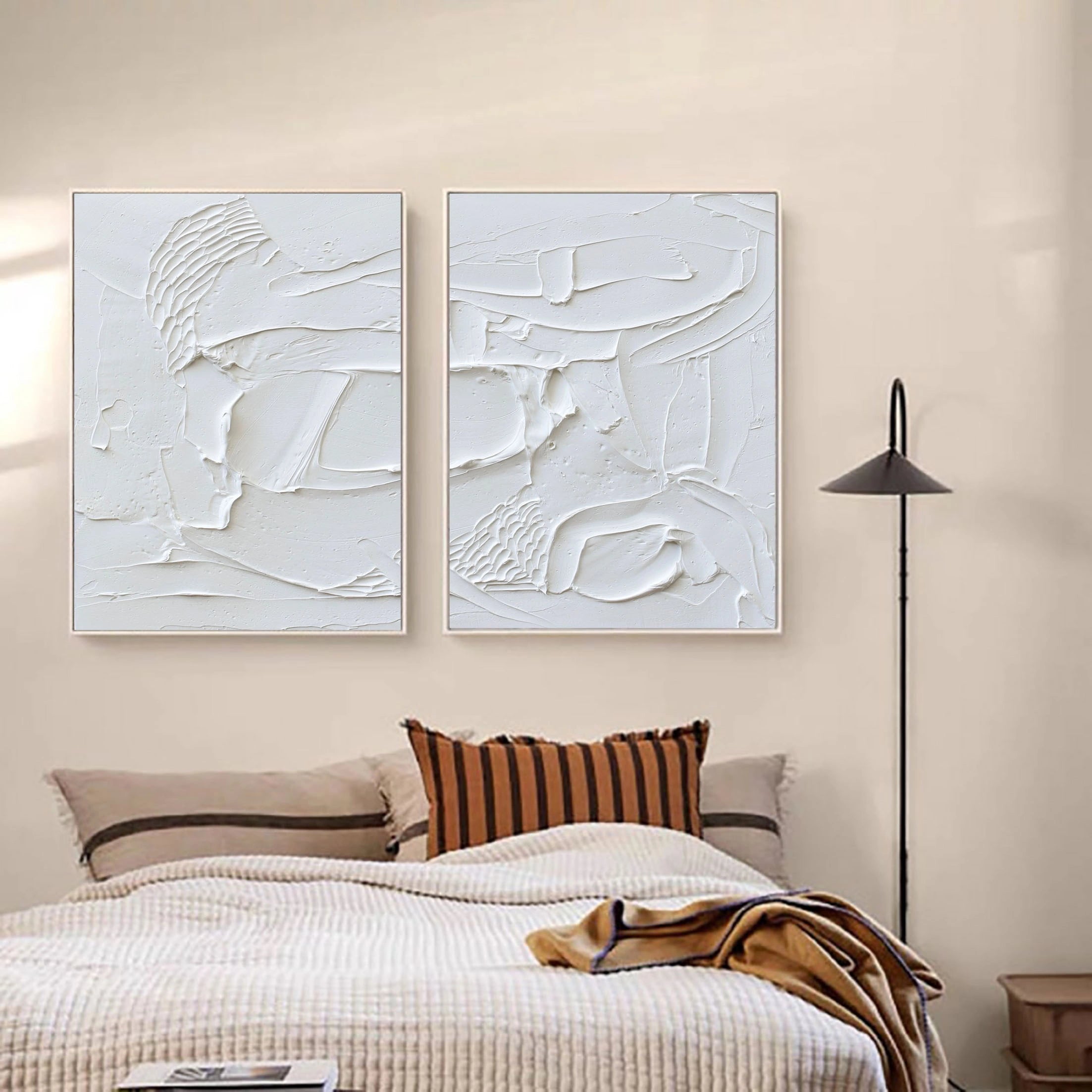 White Textured Plaster Set of 2 Large Painting for Room Decor