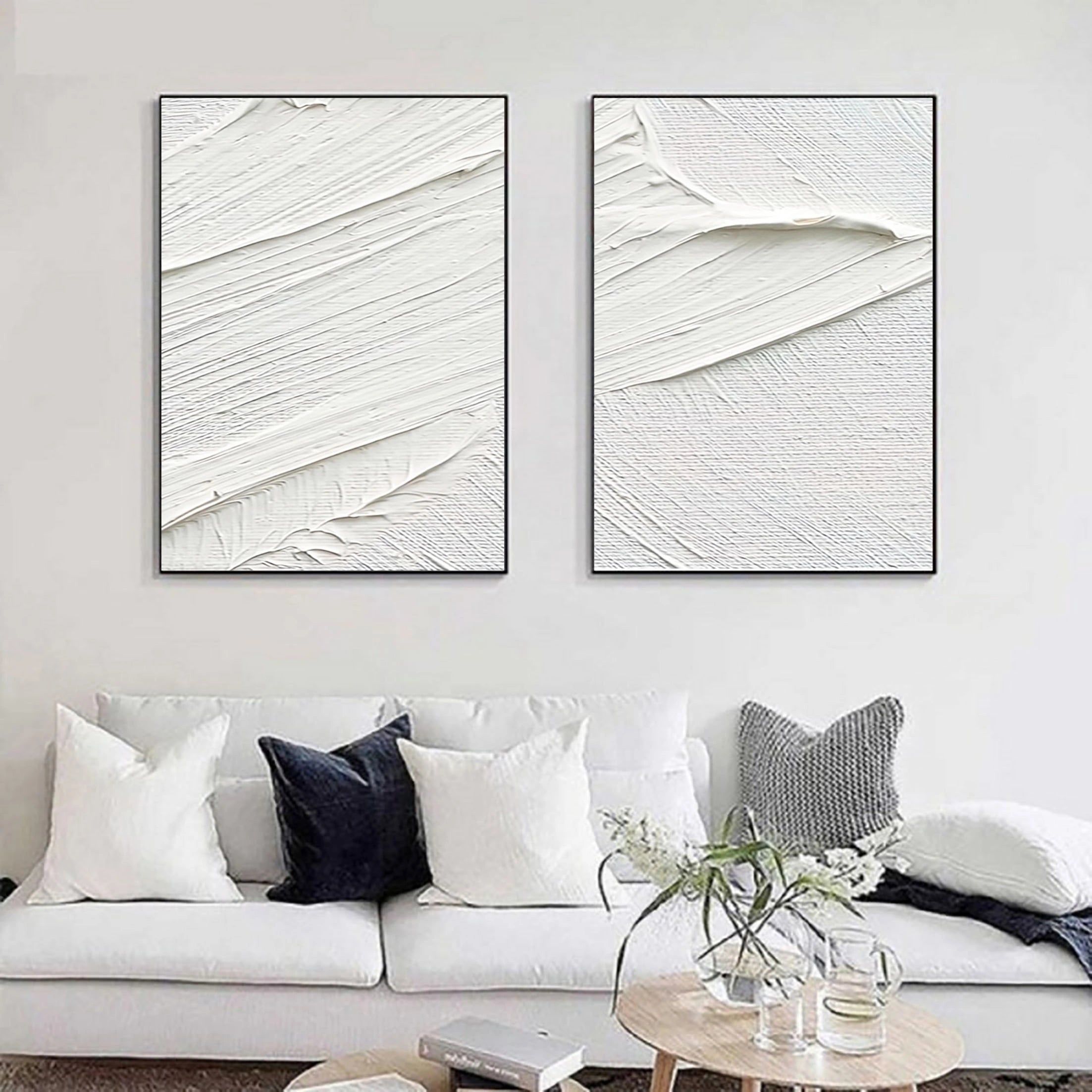 Set of 2 White Plaster Art Textured Painting on Canvas Wall Decor