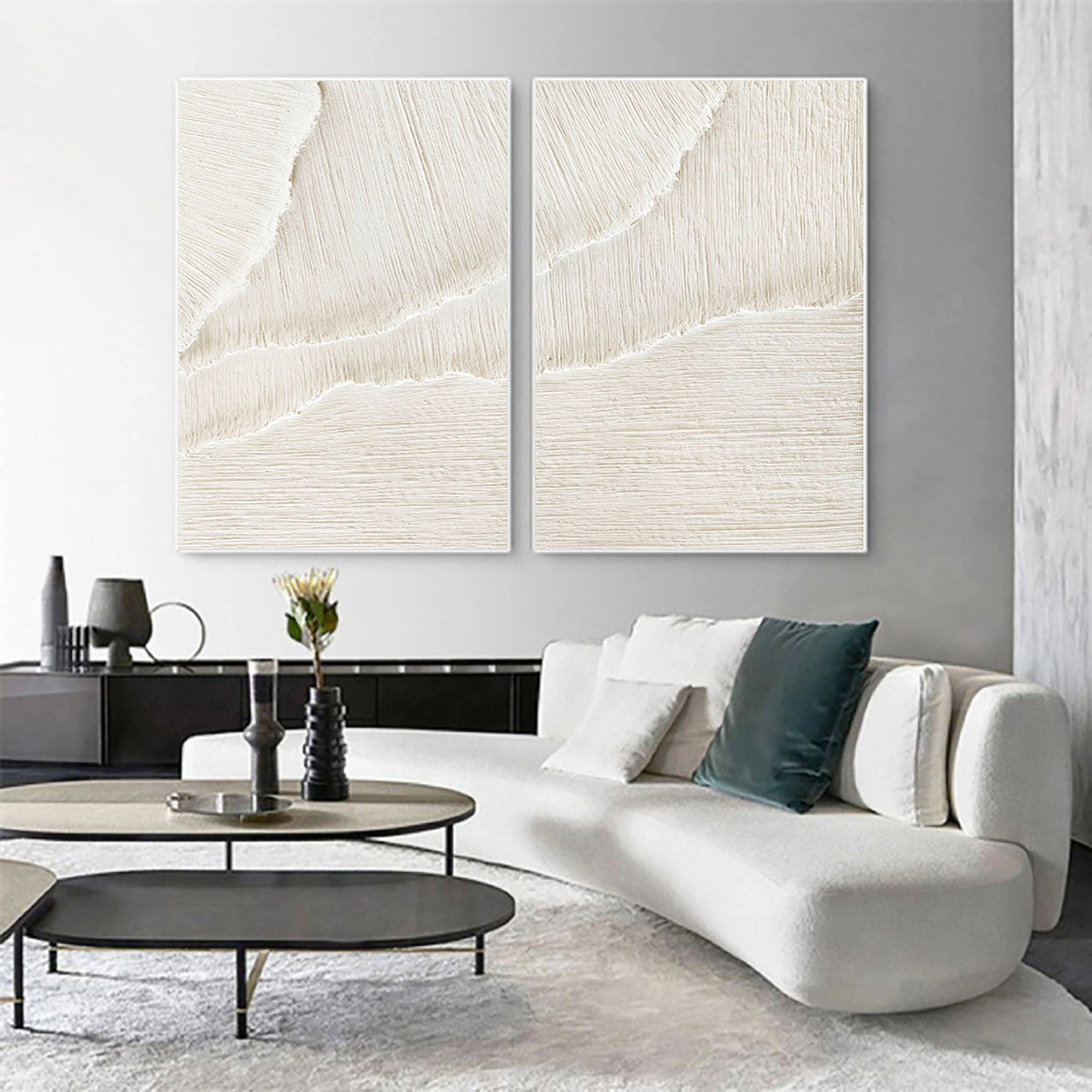 Set of 2 Minimalistic White Plaster Large Painting for Home Decor