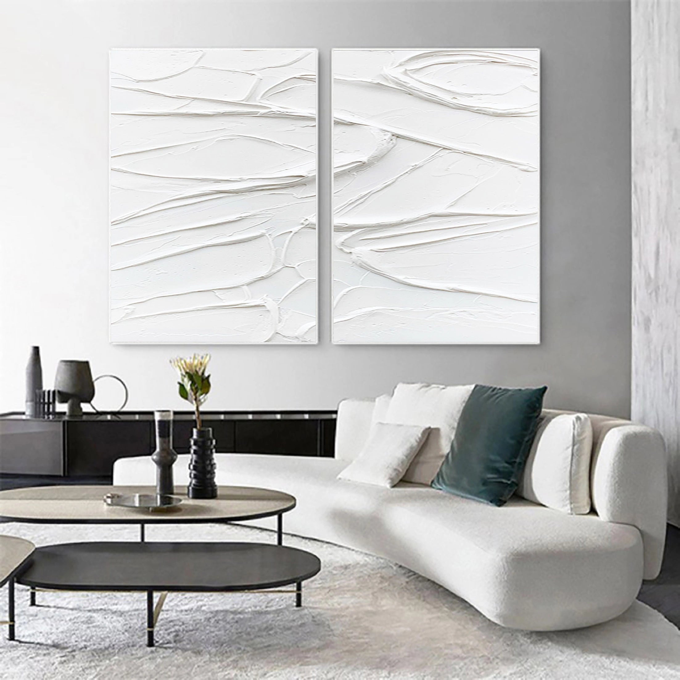 Set of 2 White Textured Plaster Art Canvas, Large Abstract Painting for Room Decor