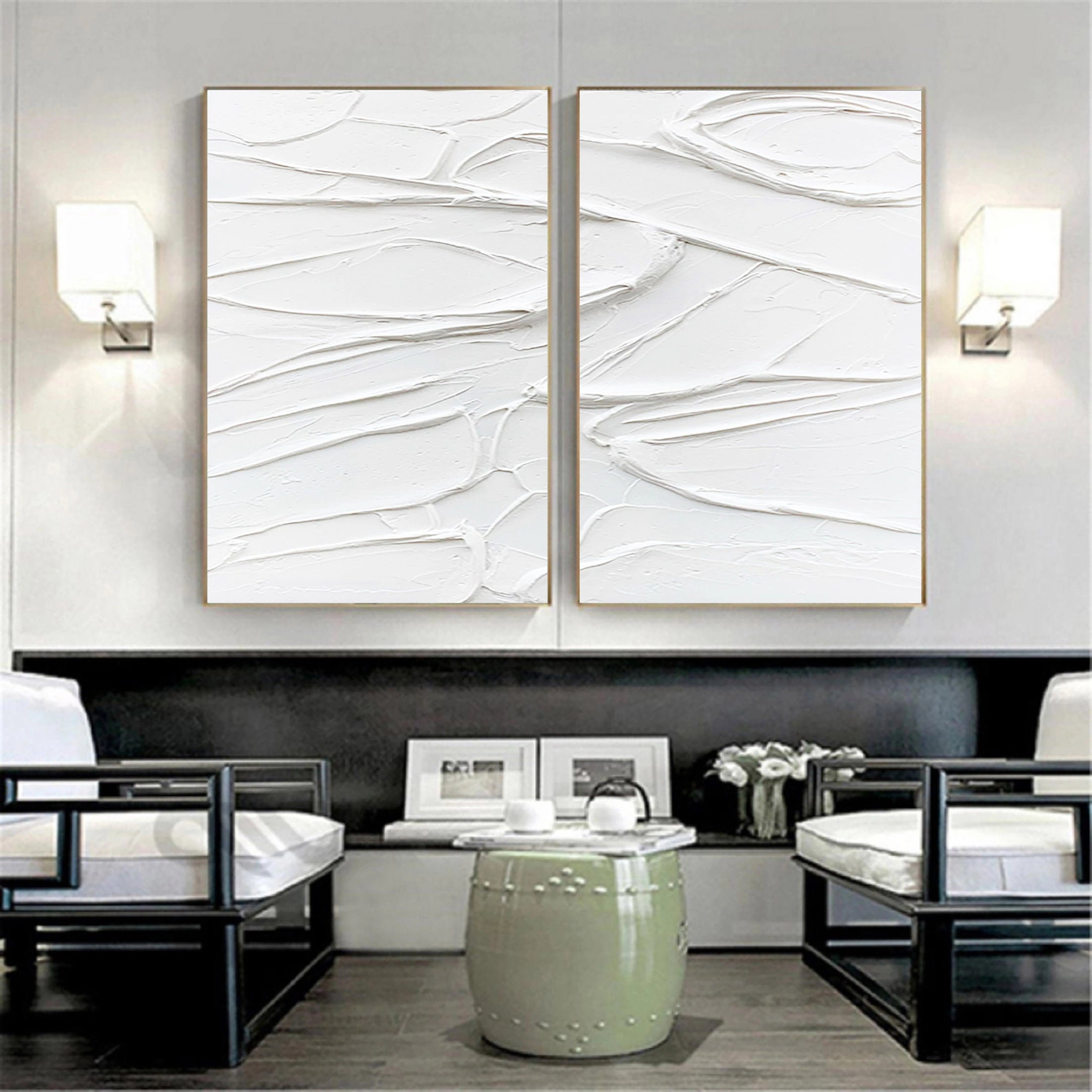 Set of 2 White Textured Plaster Art Canvas, Large Abstract Painting for Room Decor