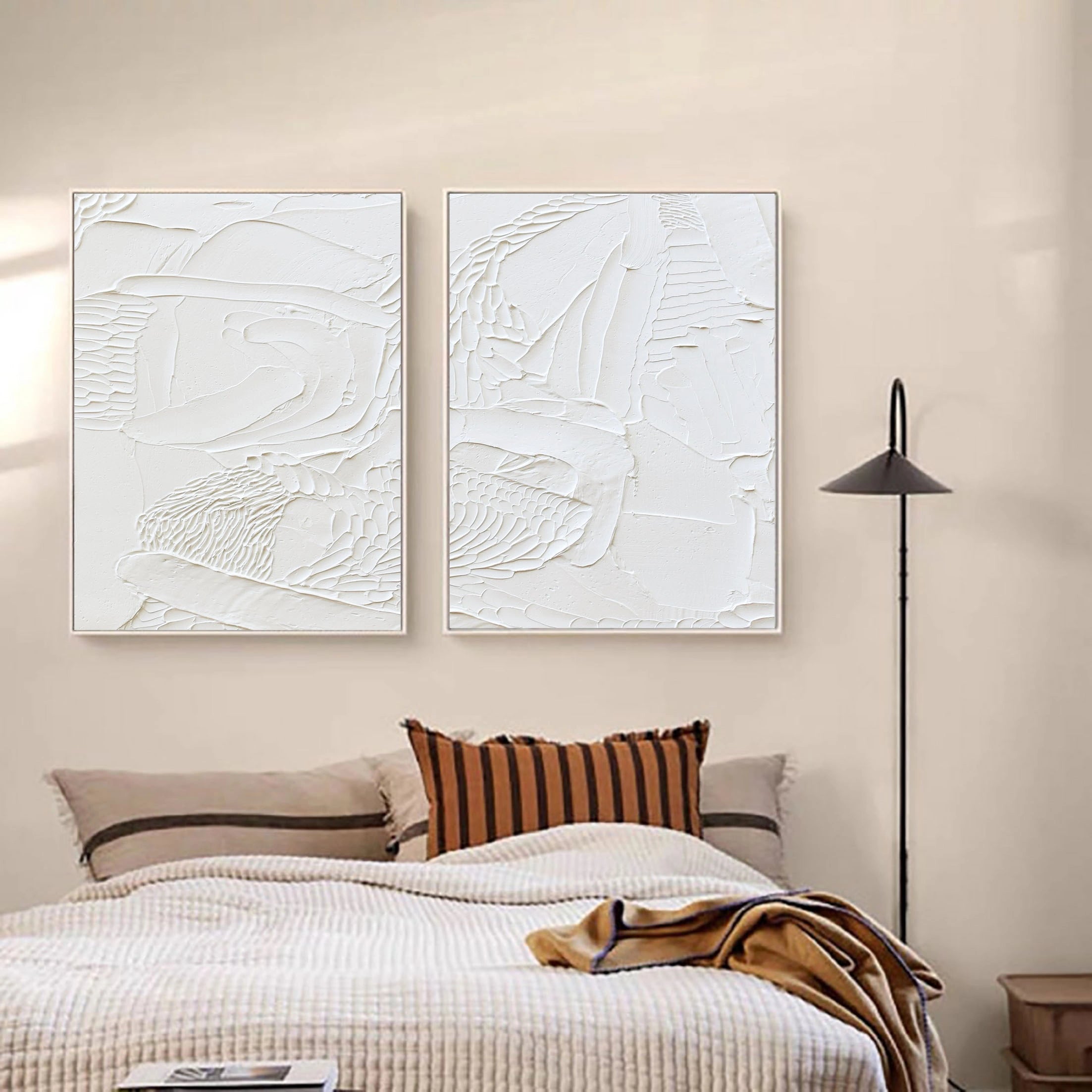 Set of 2 White Textured Minimalistic Large Painting for Bedroom/Living Room