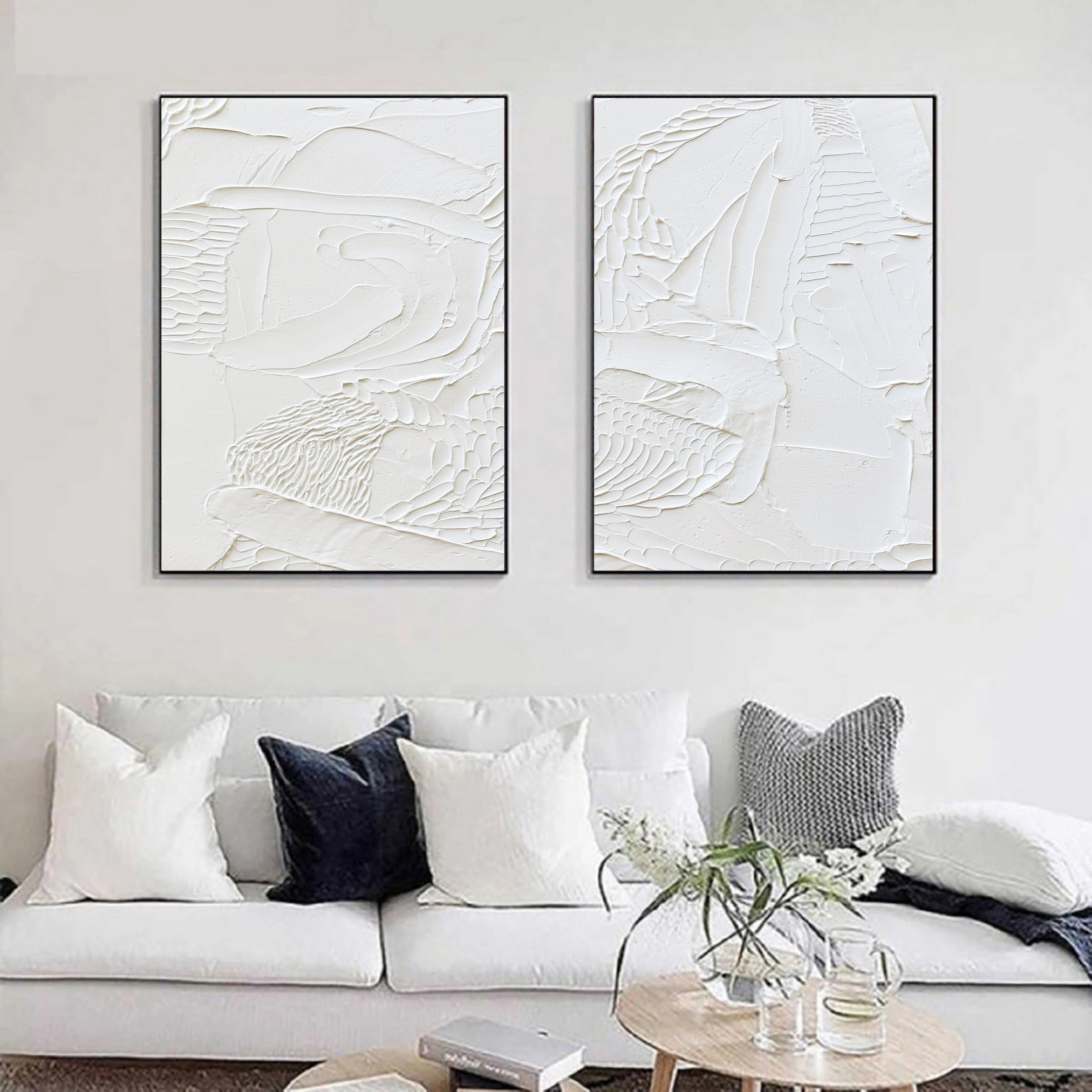 Set of 2 White Textured Minimalistic Large Painting for Bedroom/Living Room