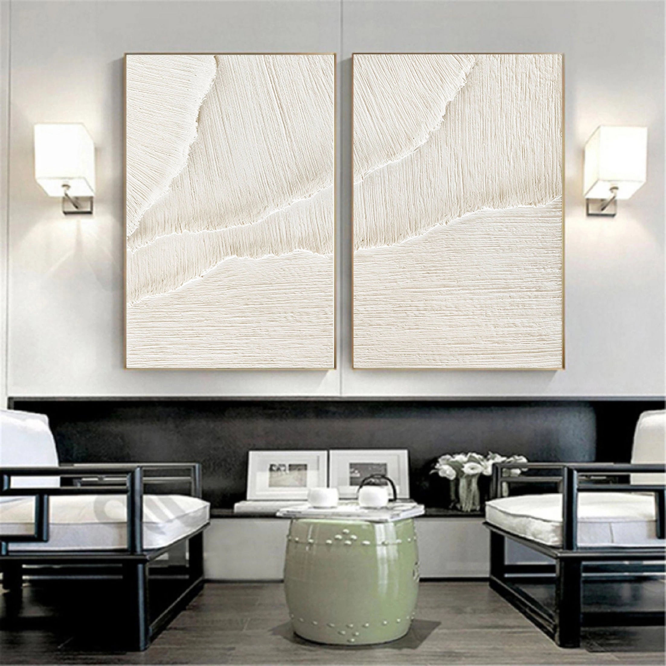Set of 2 Minimalistic White Plaster Large Painting for Home Decor