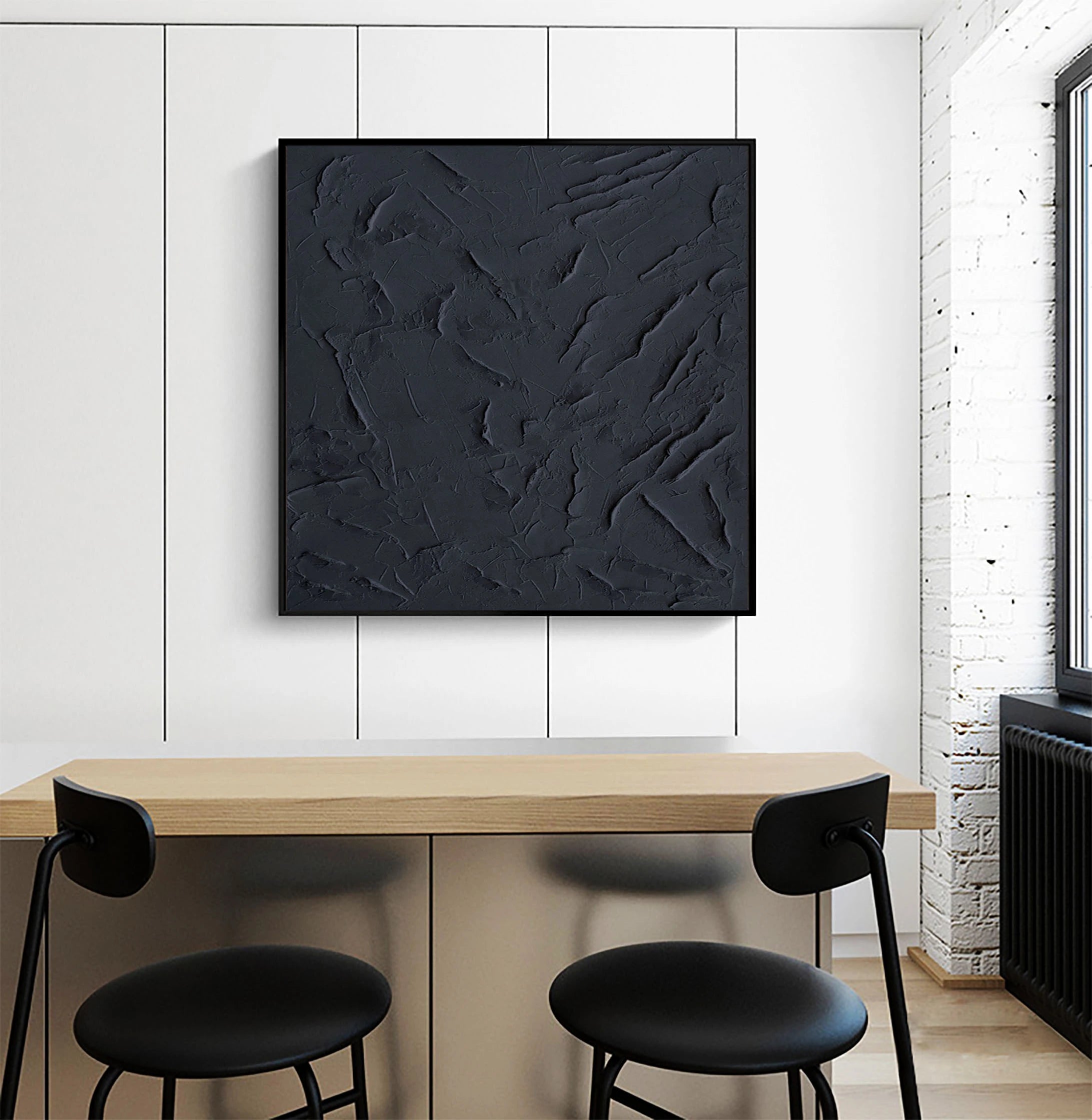 Black Textured Plaster Art Painting Minimalist Zen Wall Decor for Room