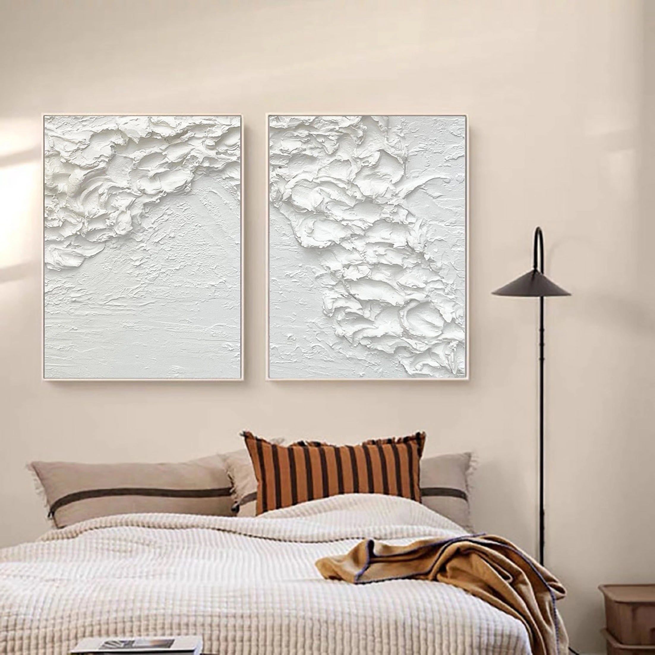 White Ocean Waves Textured Plaster Art, Large Minimalist Painting On Canvas, Modern Wall Decor