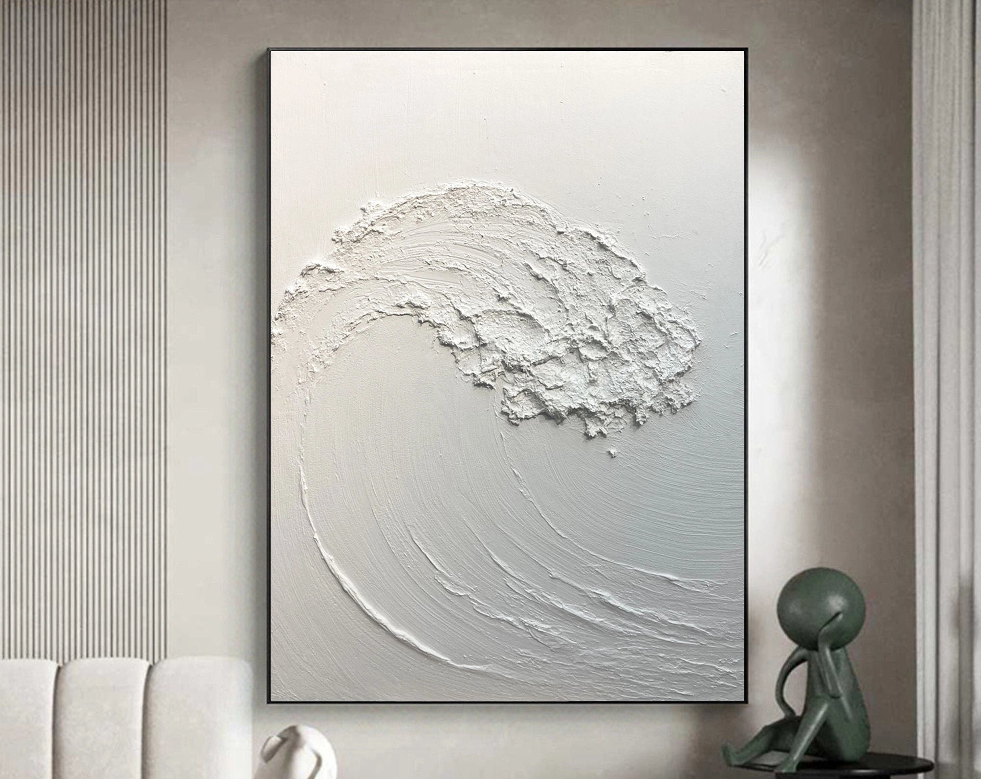White Sea Waves Minimalist Textured Plaster Painting for Home Decor