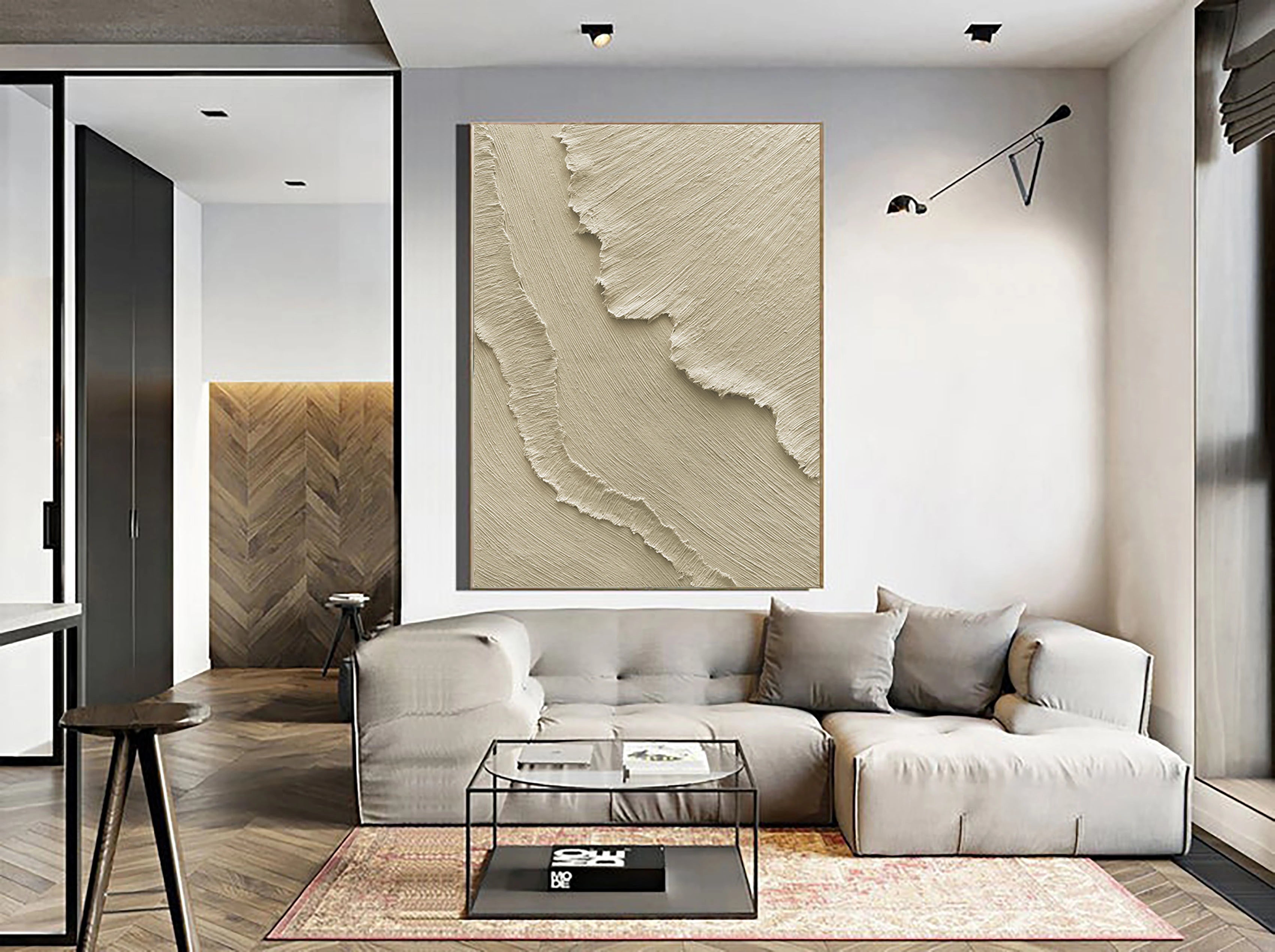 Beige 3D Textured Plaster Painting on Canvas Minimalist Wall Artwork