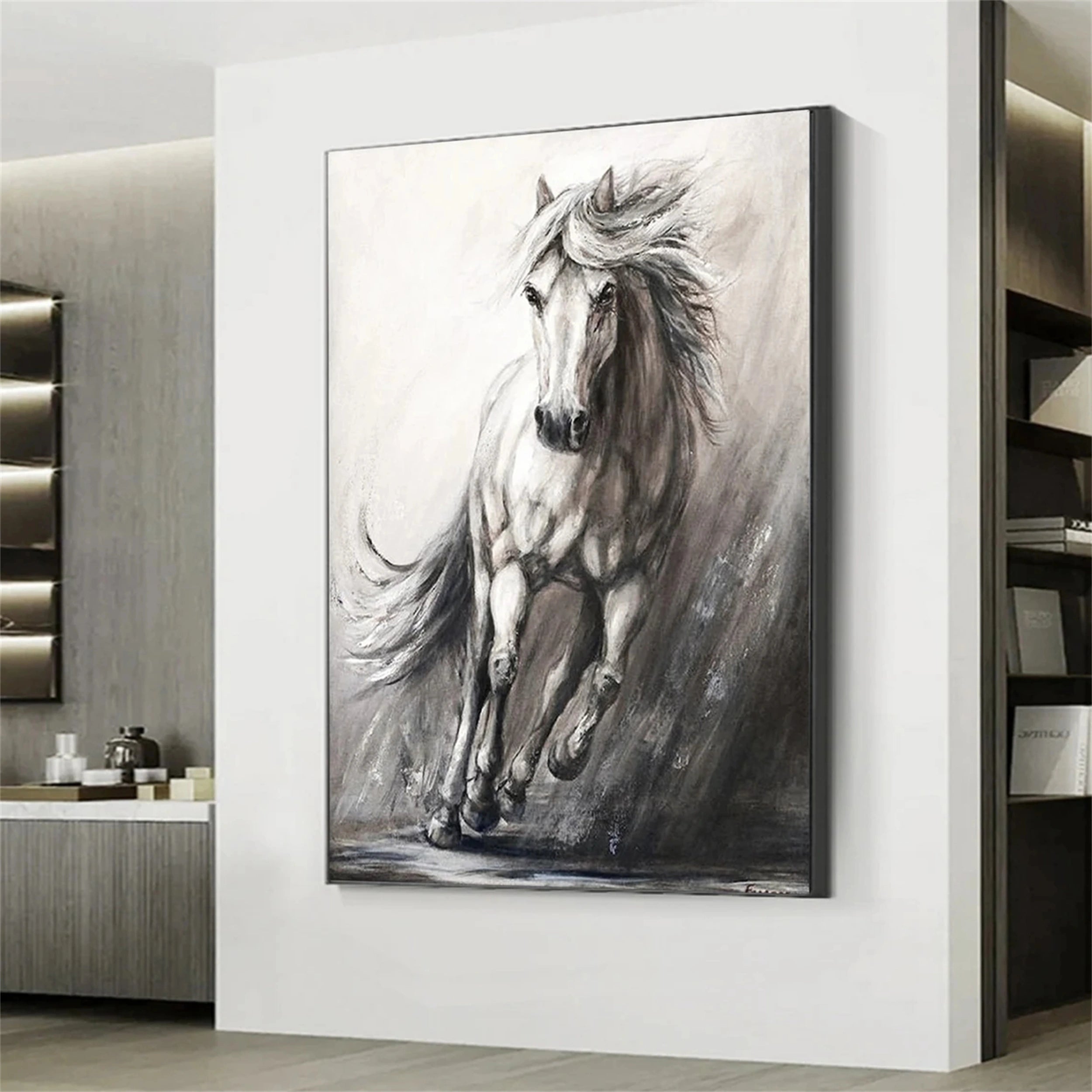 White And Black Horse Abstract Animal Wall Art #AL048