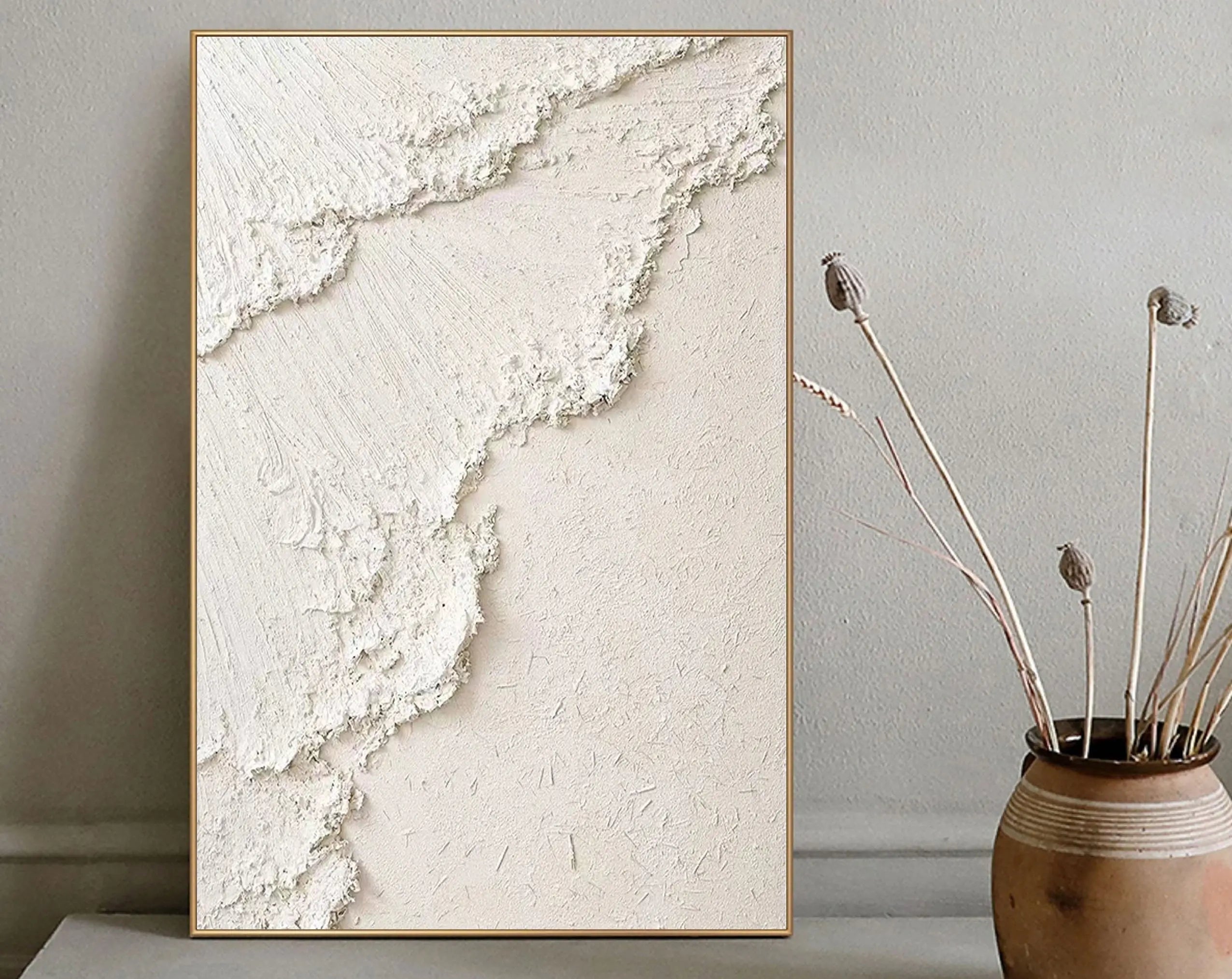 White Ocean Waves Plaster Wall Art, Large Surf Minimalist Painting For Living Room