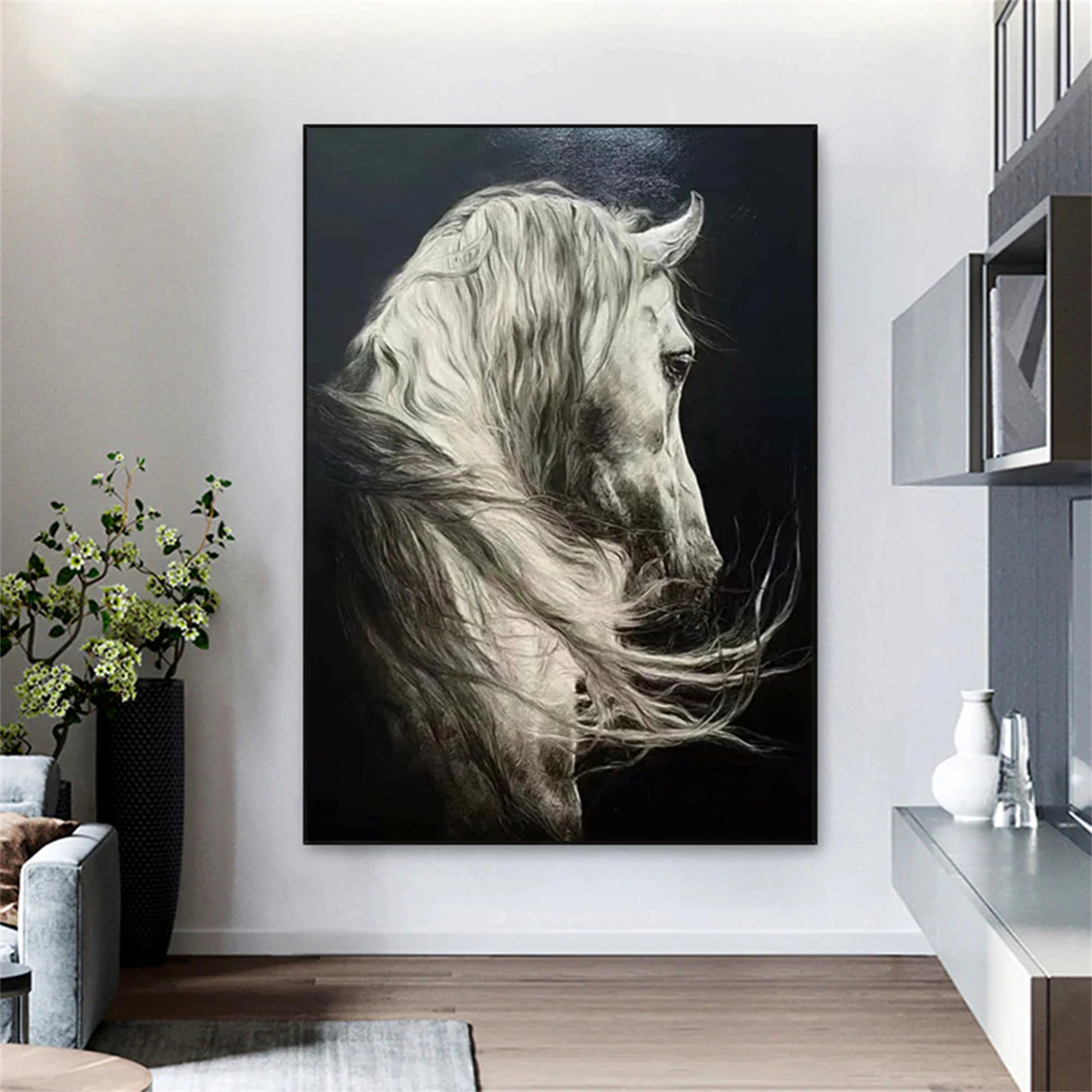 White And Black Horse Abstract Animal Wall Art #AL050