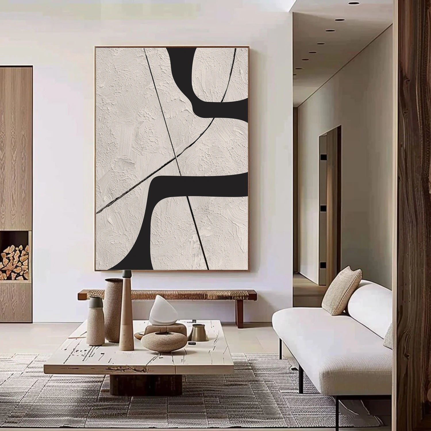 Beige & Black Abstract Textured Canvas Art #WS784
