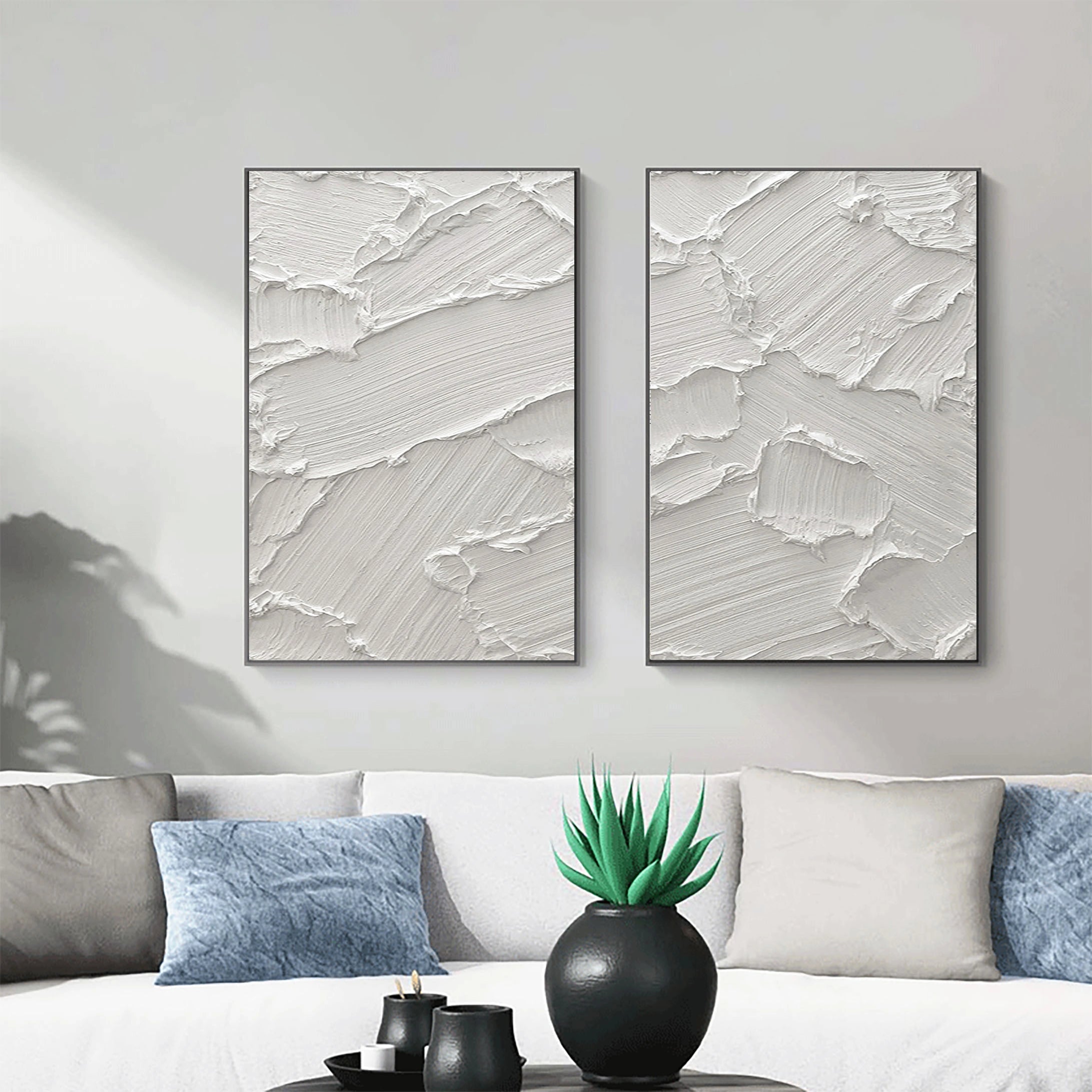 Set of 2 White Plaster Art Original Textured Painting for Room Decor