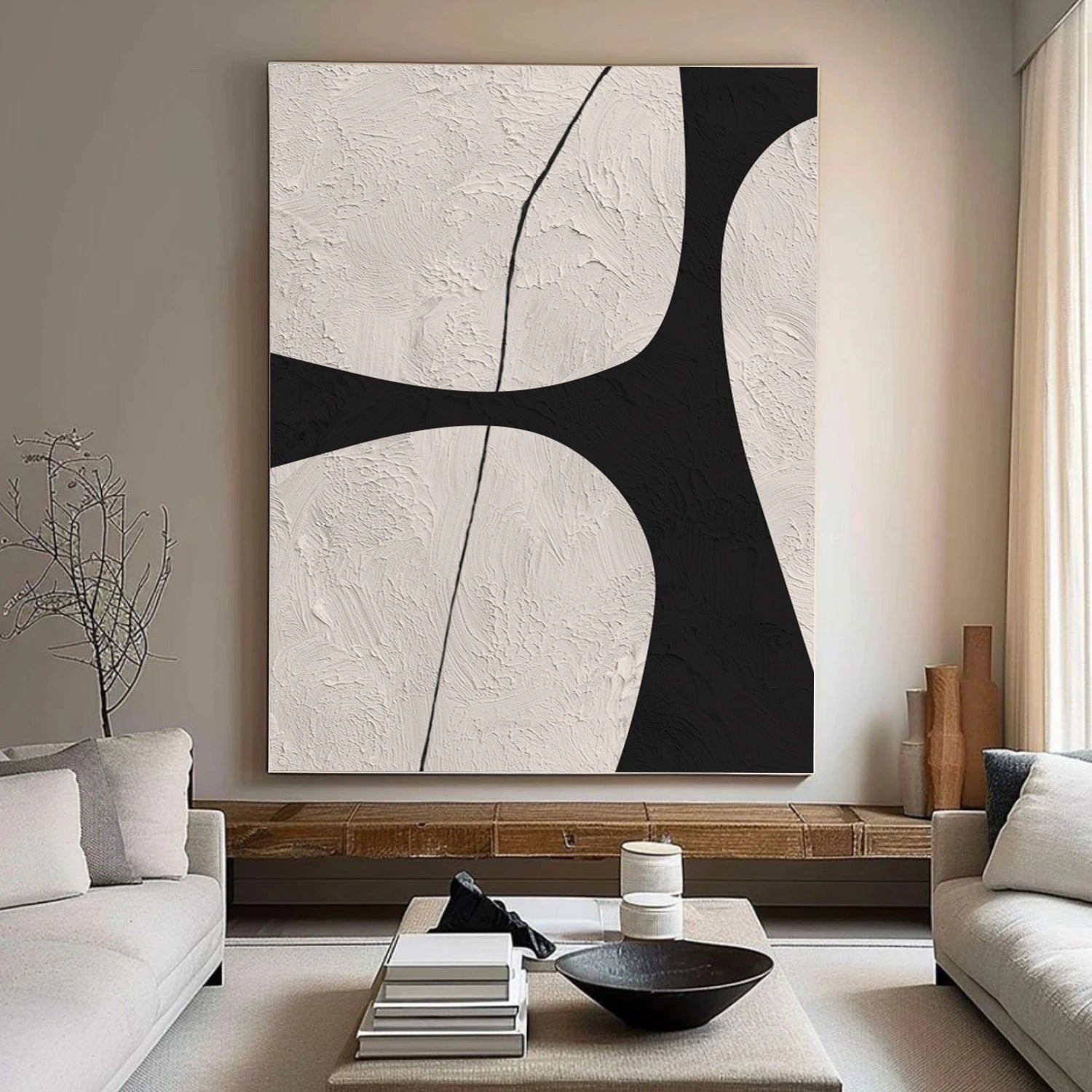 Beige & Black Abstract Textured Canvas Art #WS783