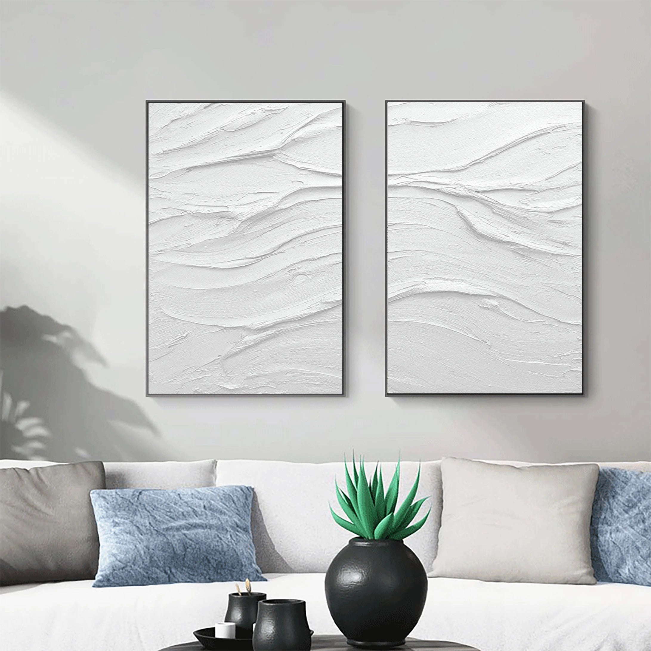 Set of 2 White Plaster Art Textured Painting Original Minimalistic