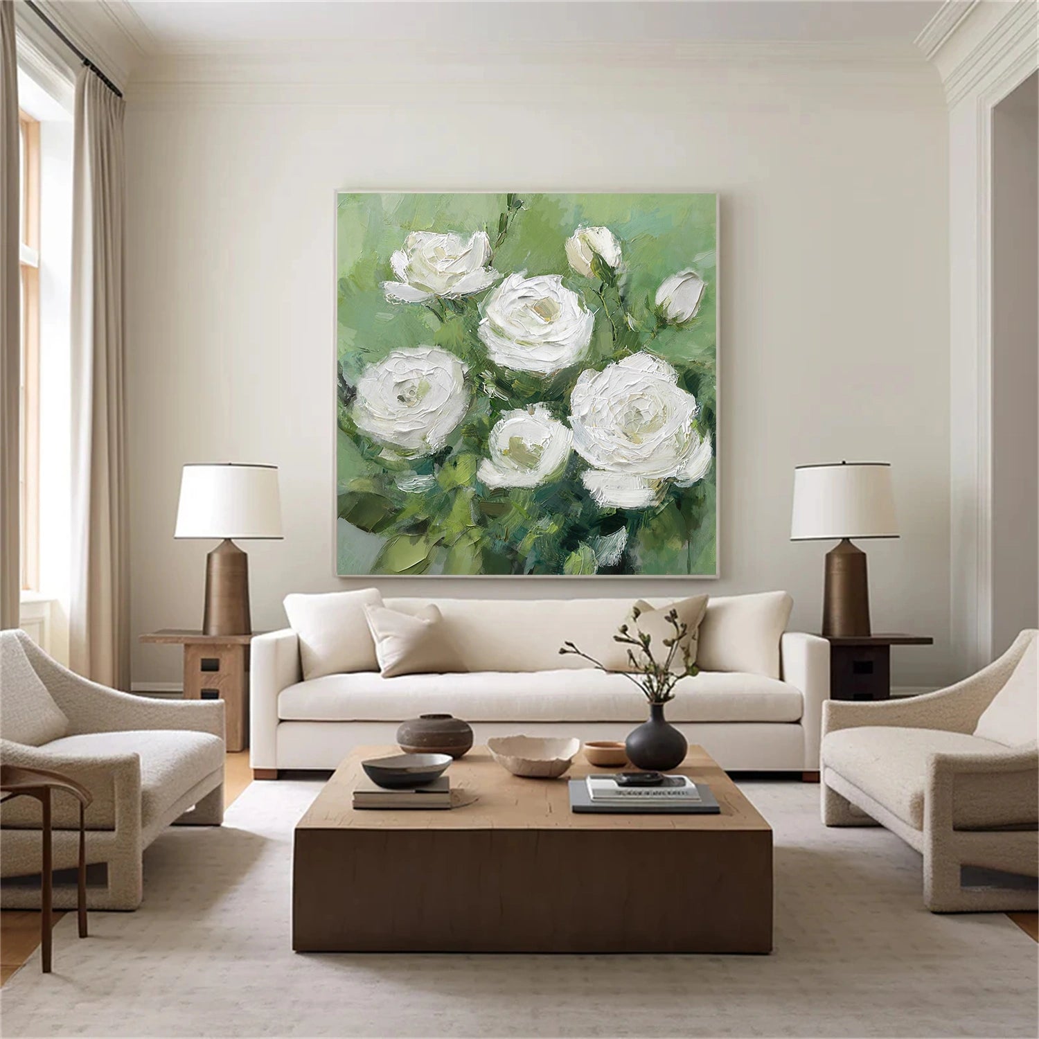 White and Green Flower & Tree Abstract Textured Wall Art #ML215