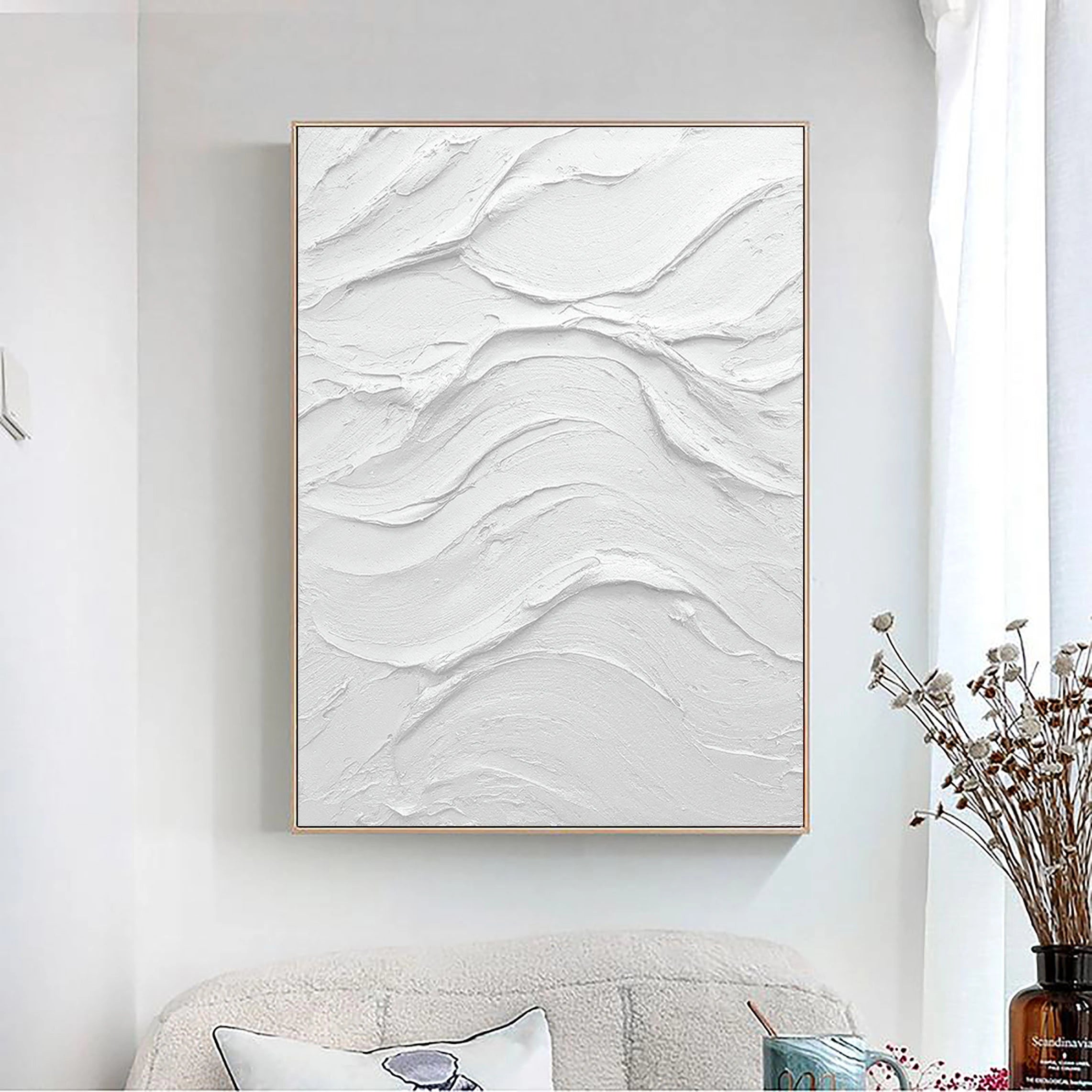 White Minimalist Plaster Painting Large 3D Textured Abstract Wall Art Framed Canvas