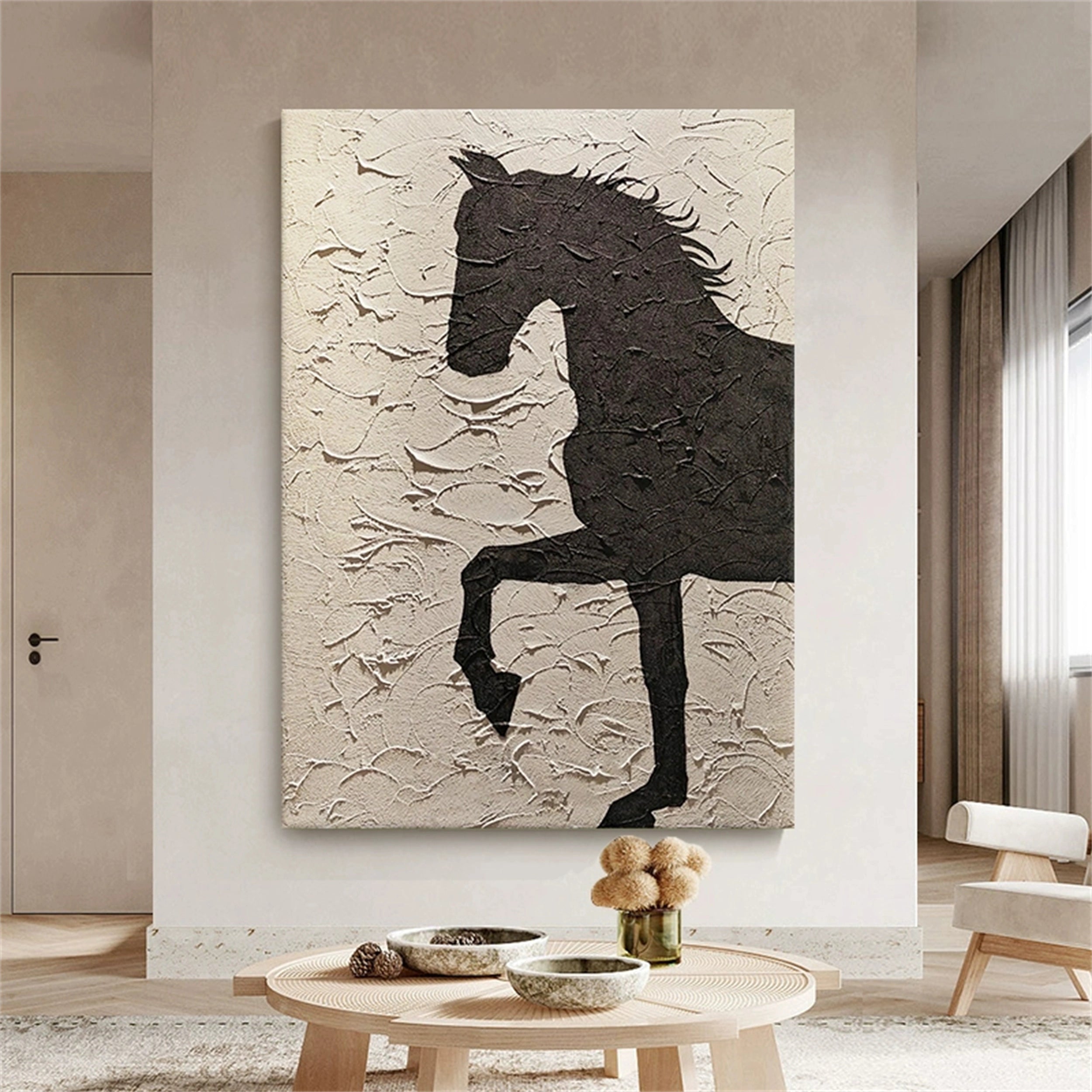 Beige And Black Horse Abstract Animal Wall Art #AL040