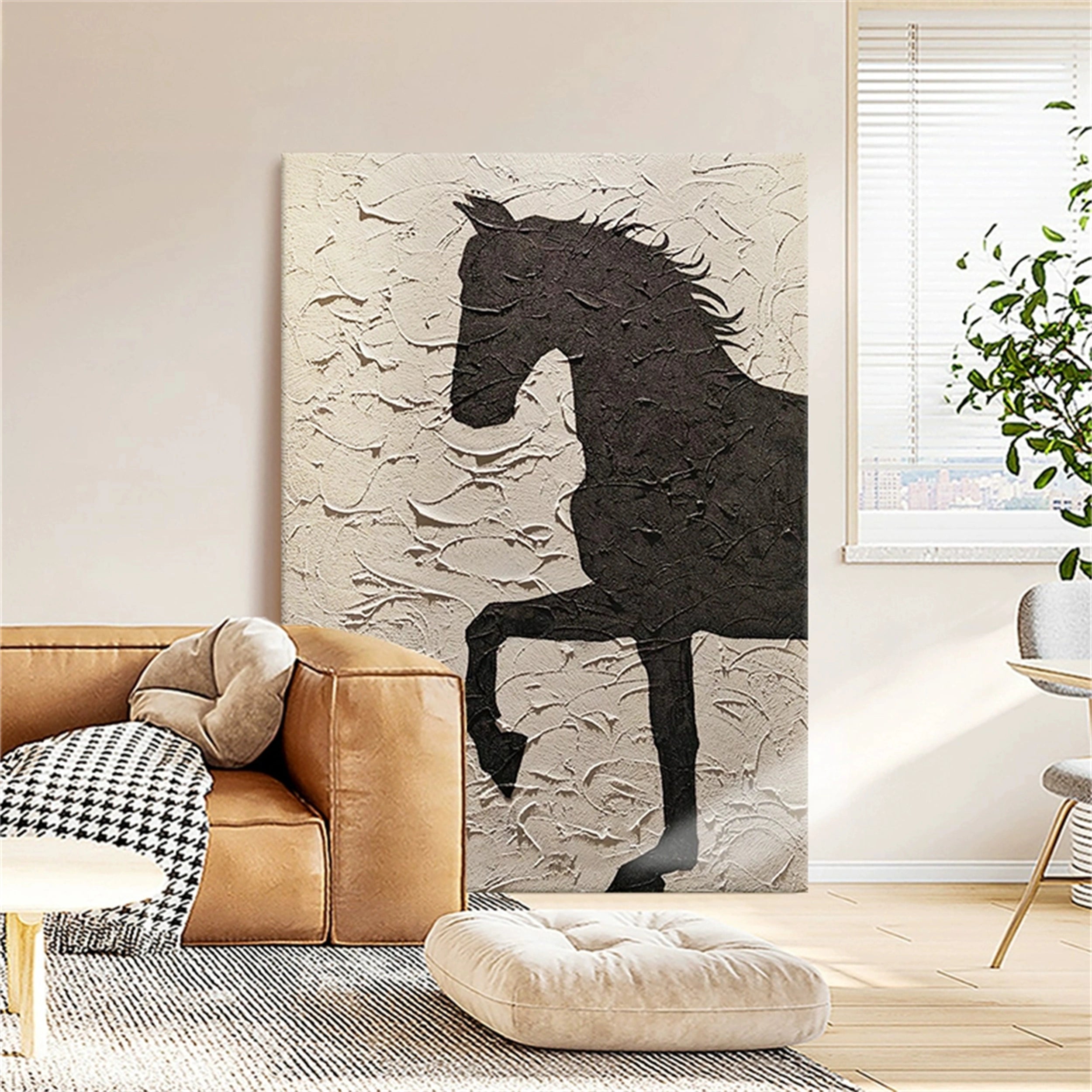 Beige And Black Horse Abstract Animal Wall Art #AL040