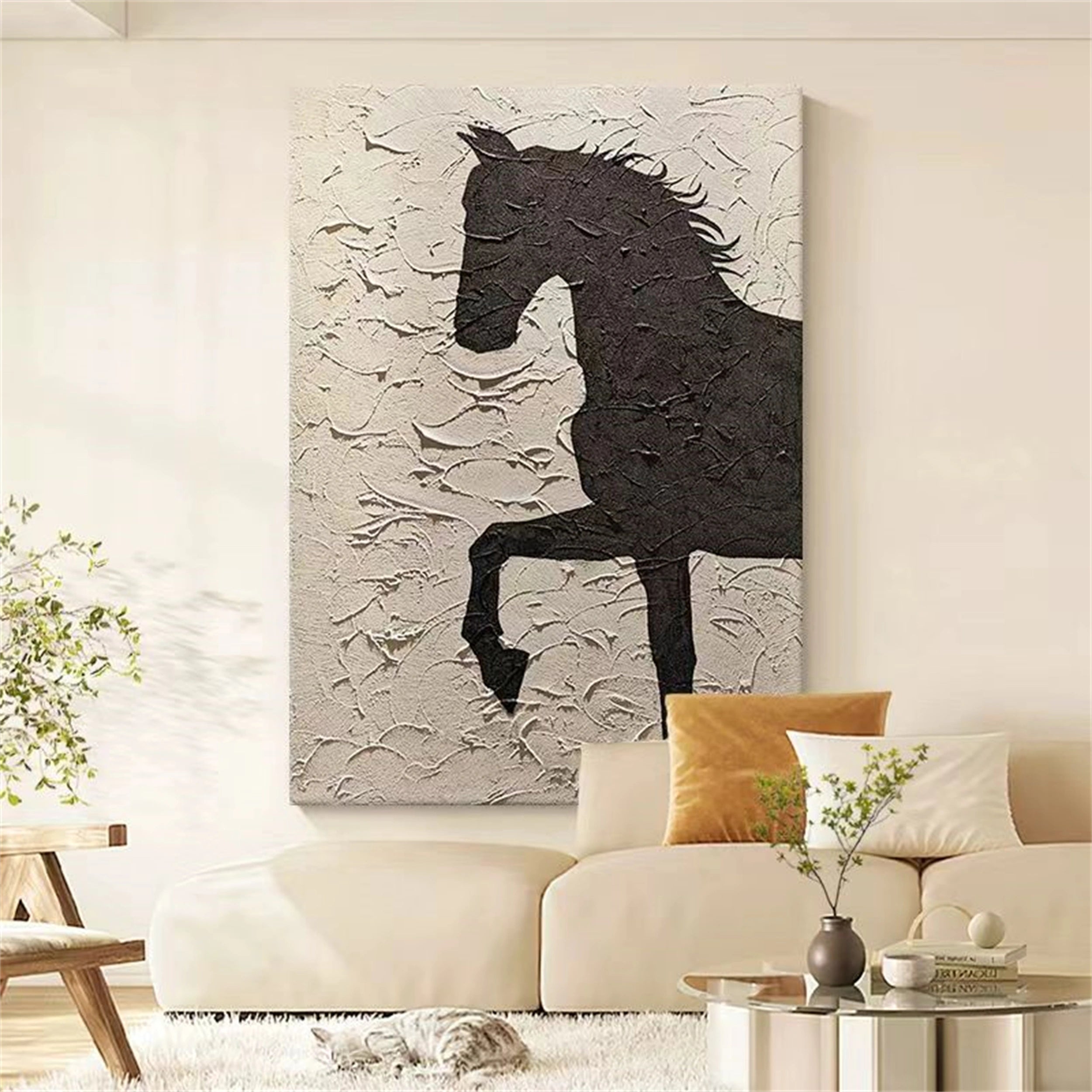 Beige And Black Horse Abstract Animal Wall Art #AL040