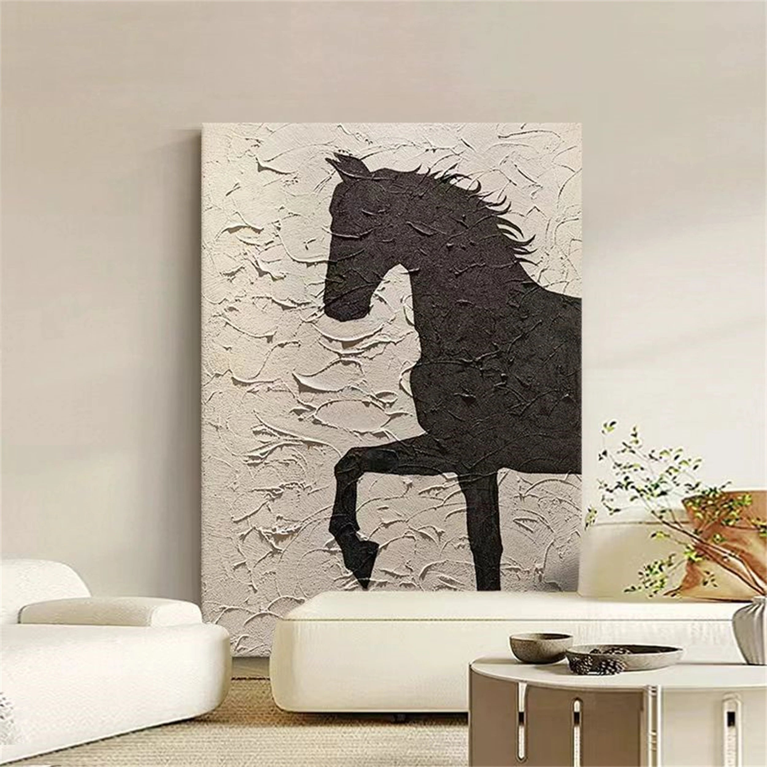 Beige And Black Horse Abstract Animal Wall Art #AL040