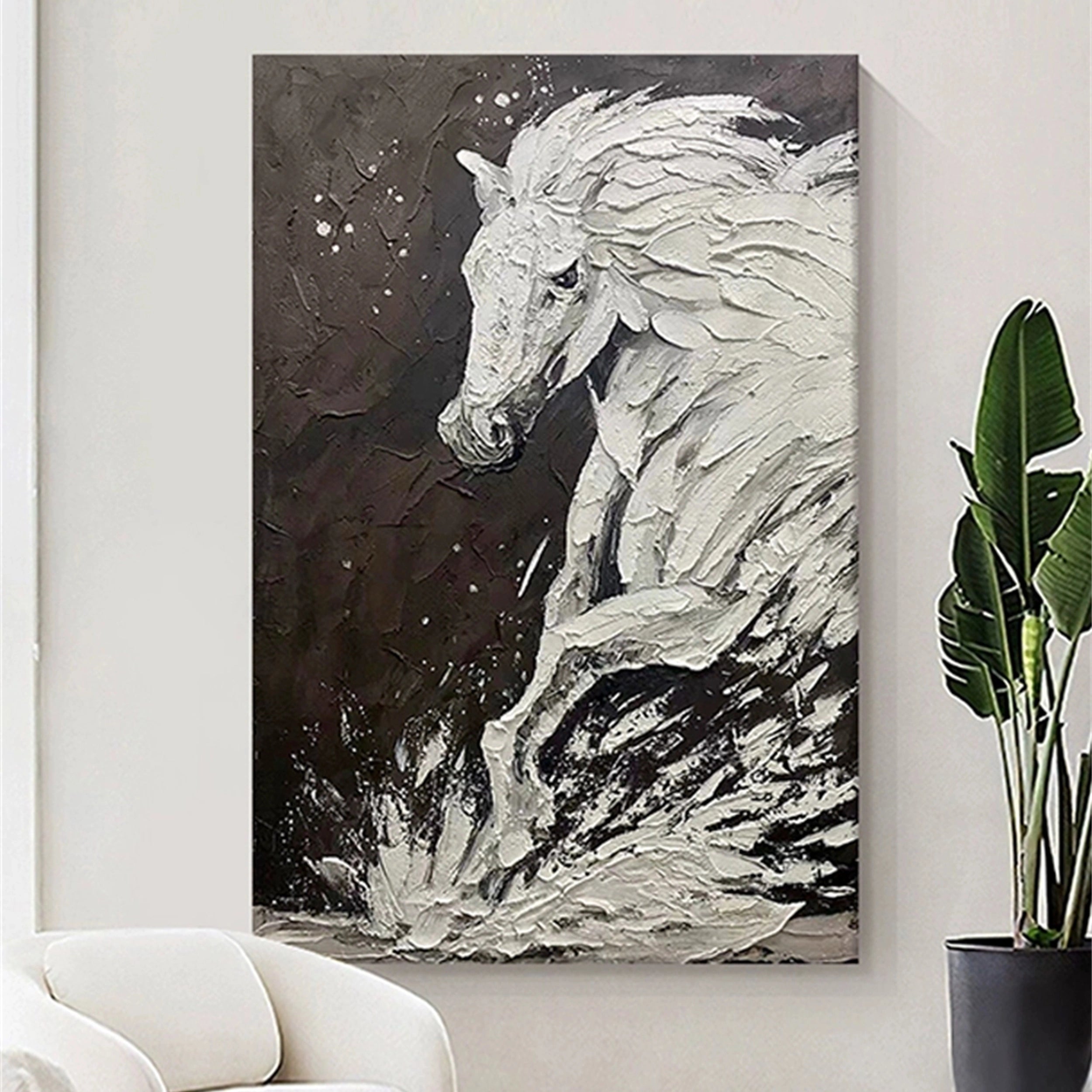 White And Black Horse Abstract Animal Wall Art #AL041