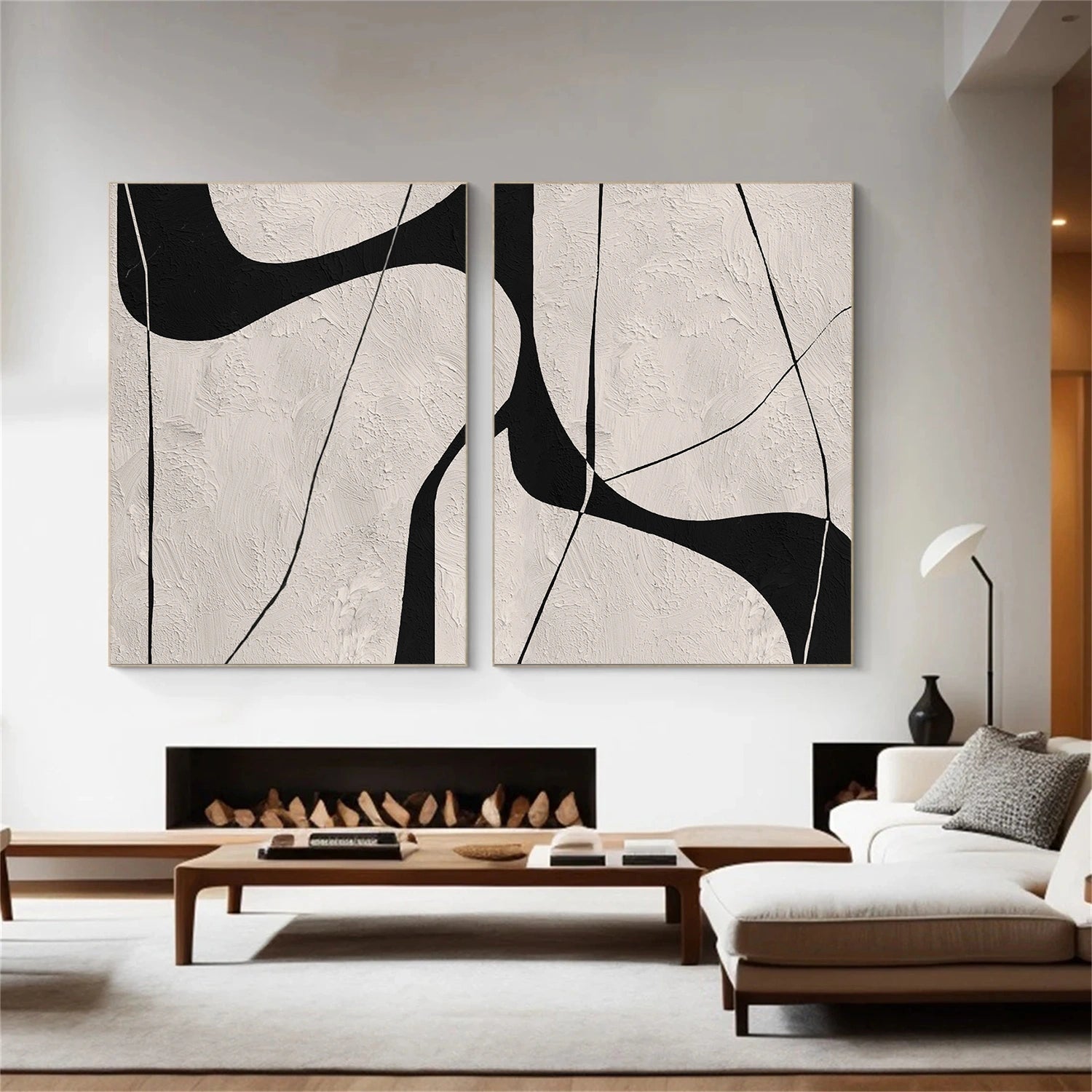 Beige & Black Abstract Textured Canvas Art Set of 2 #WS781