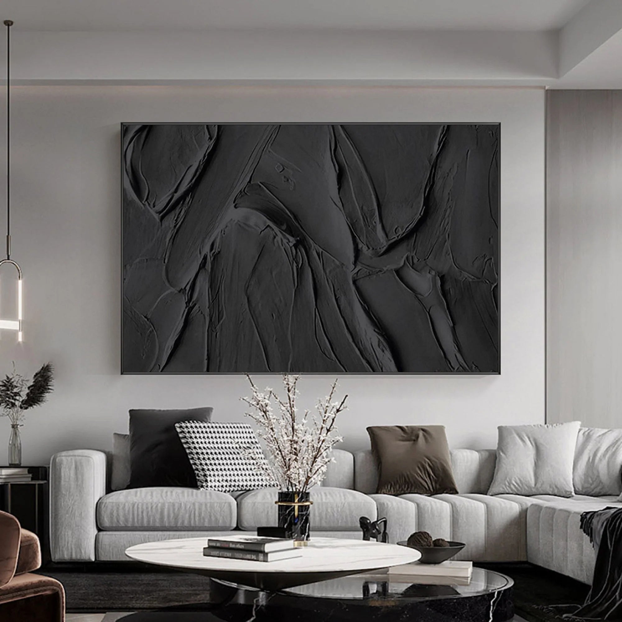 Black 3D Textured Plaster Minimalist Painting on Canvas, Handmade Wall Art