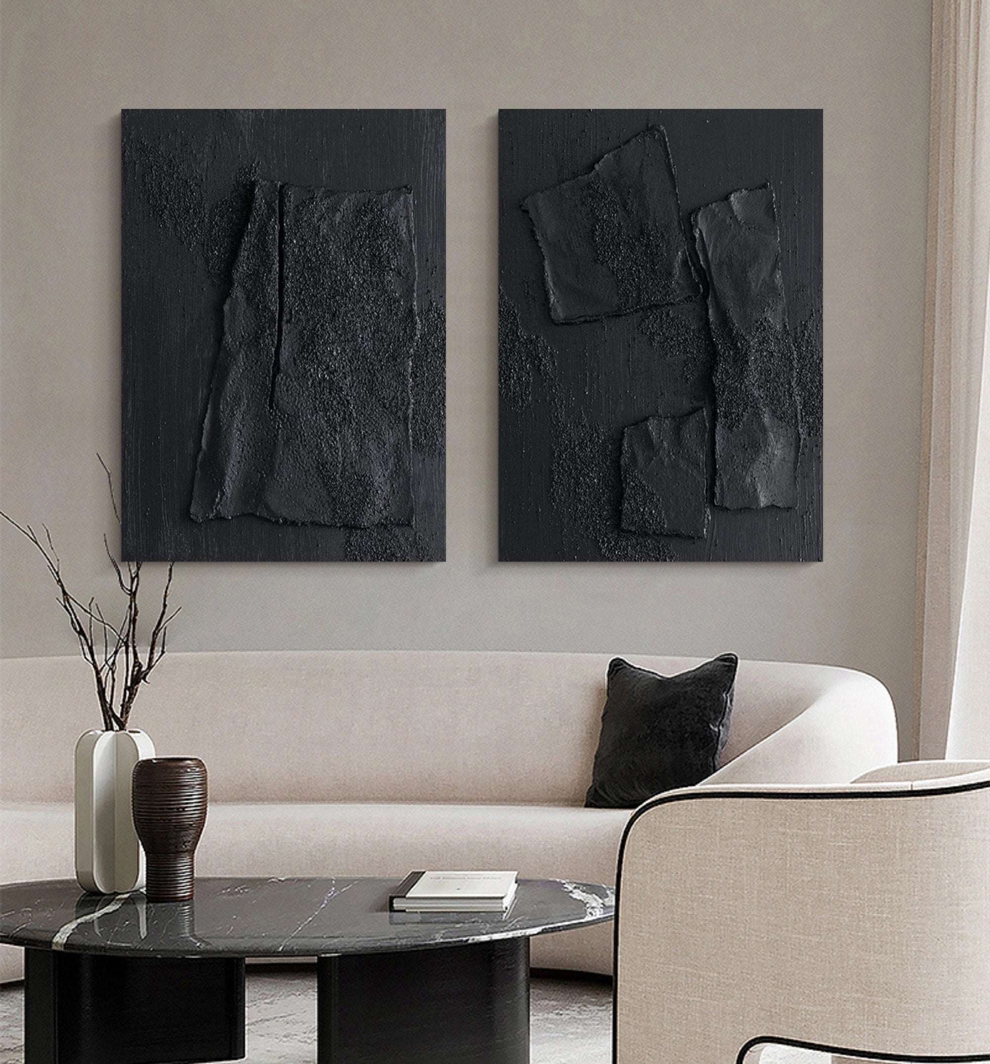 Set of 2 Total Black 3D Textured Minimalist Painting on Canvas