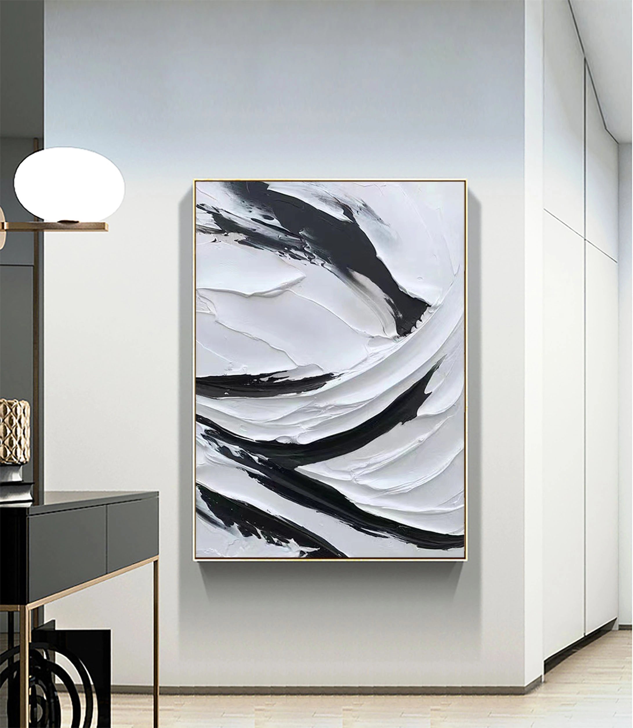 Black and White Plaster Art Textured Painting on Canvas Wall Decor