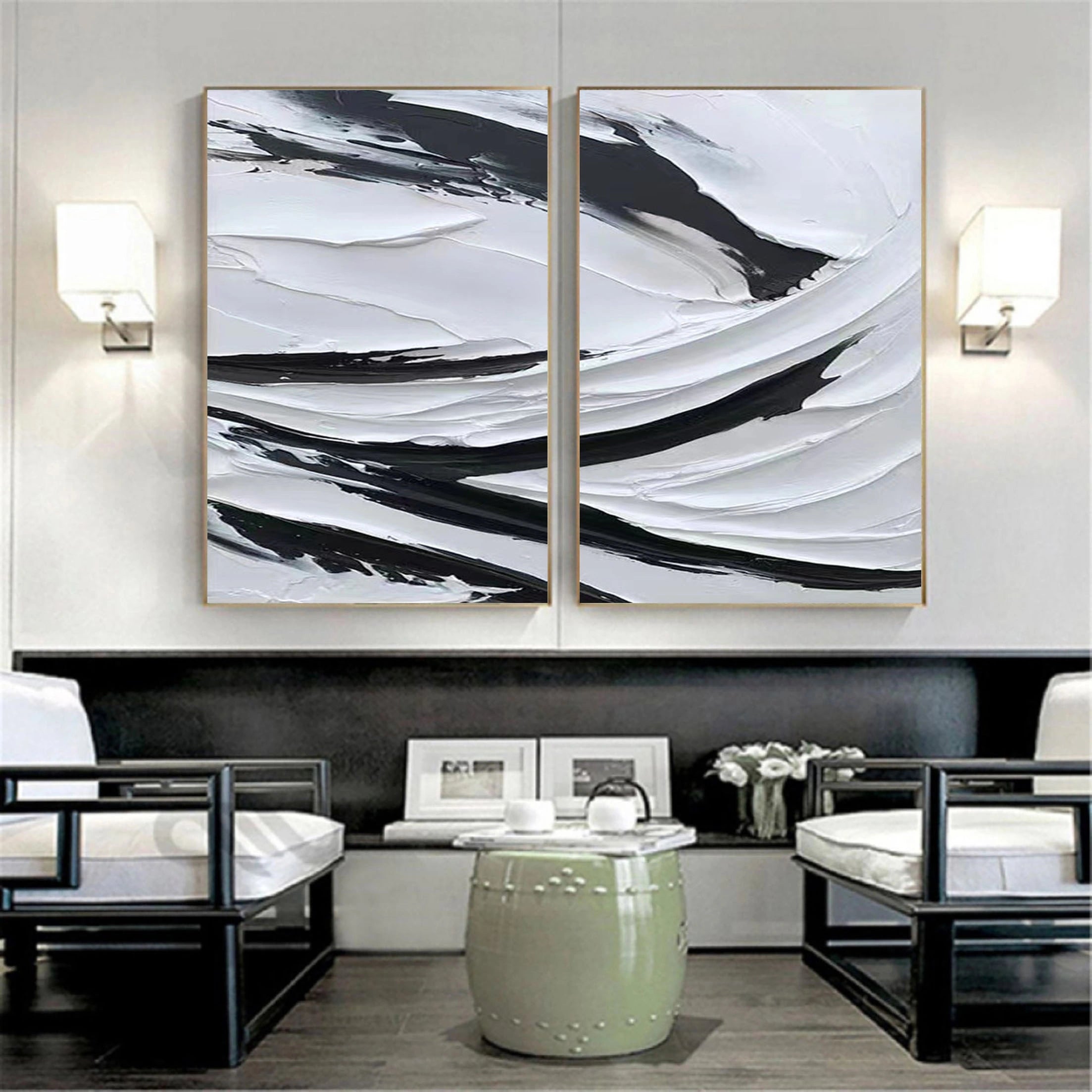 Set of 2 Plaster Art Painting Black and White Minimalistic Room Decor