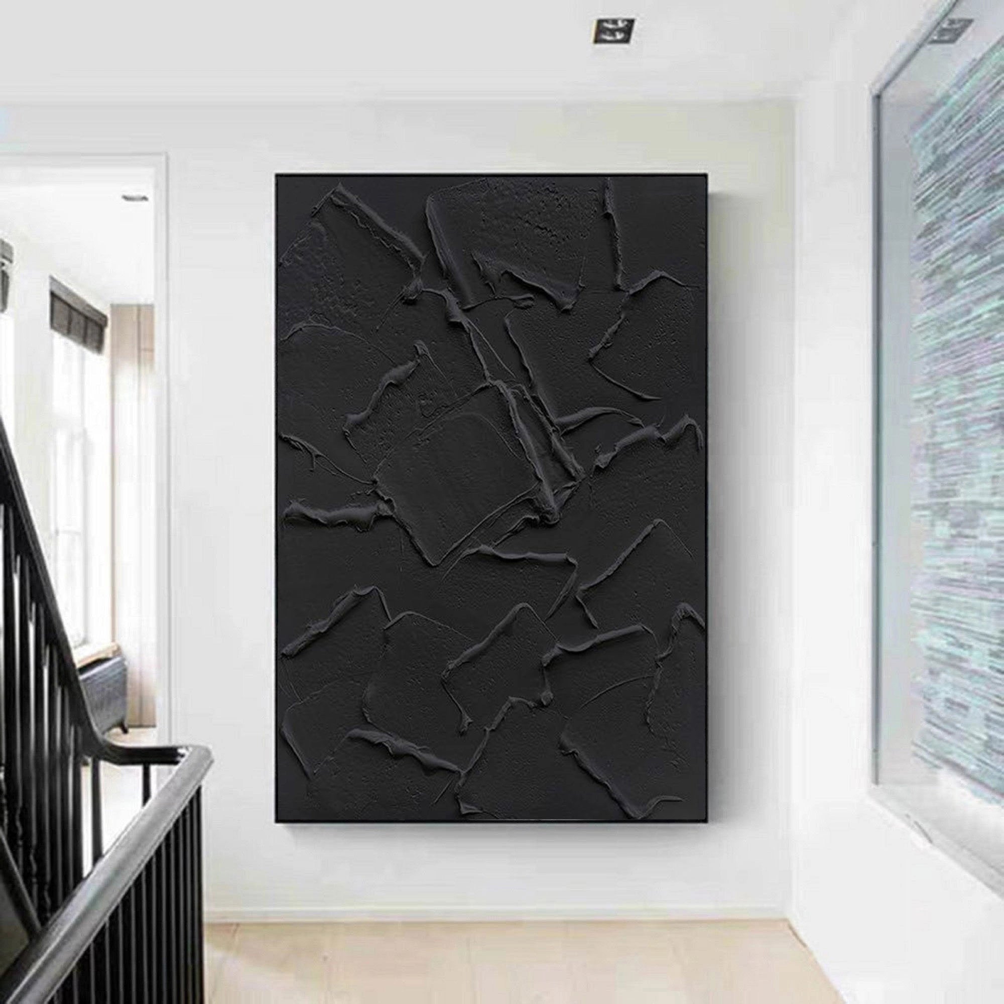 Black Textured Plaster Art Ocean Wave Minimalist Painting on Canvas