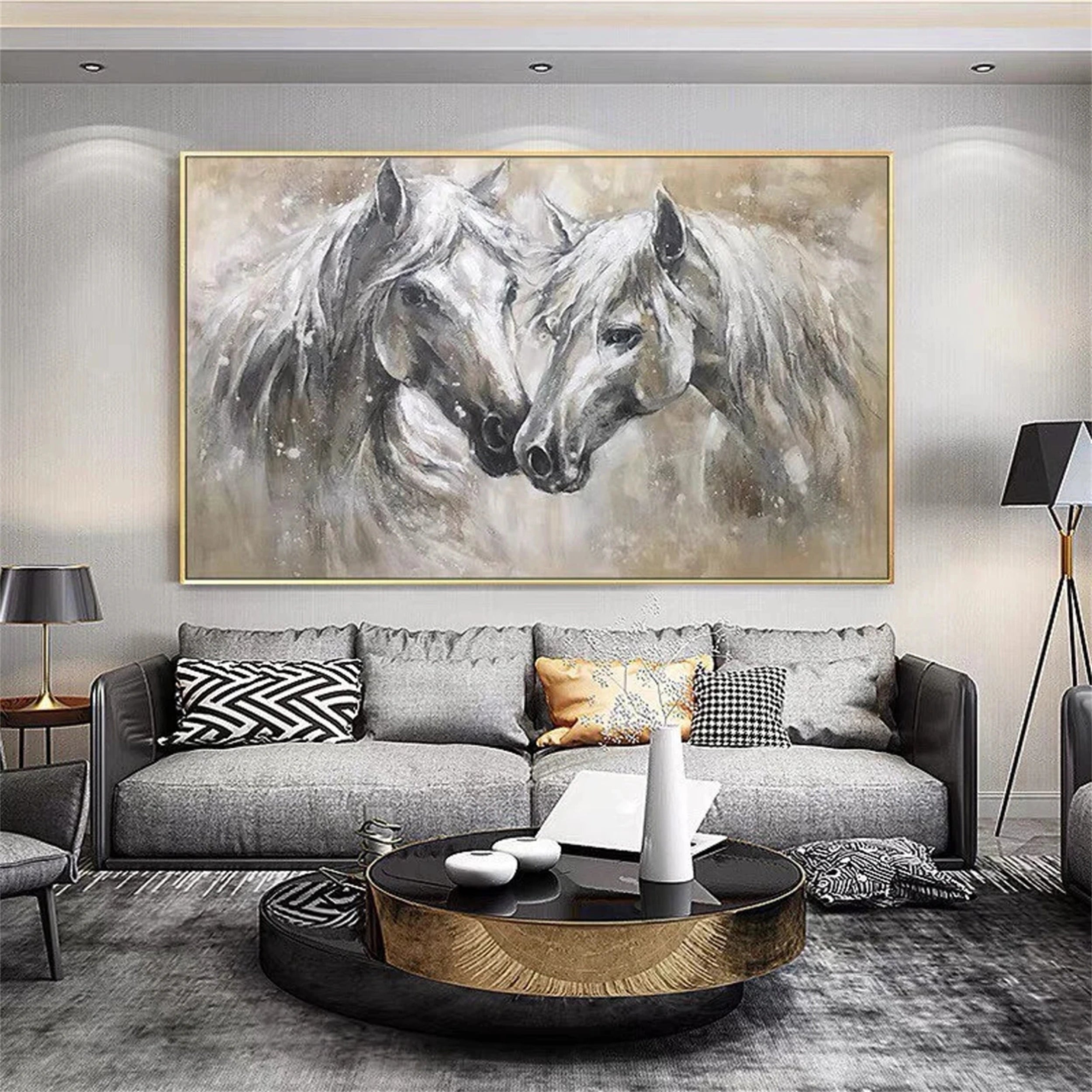 White and Black Horse Abstract Animal Wall Art #AL046