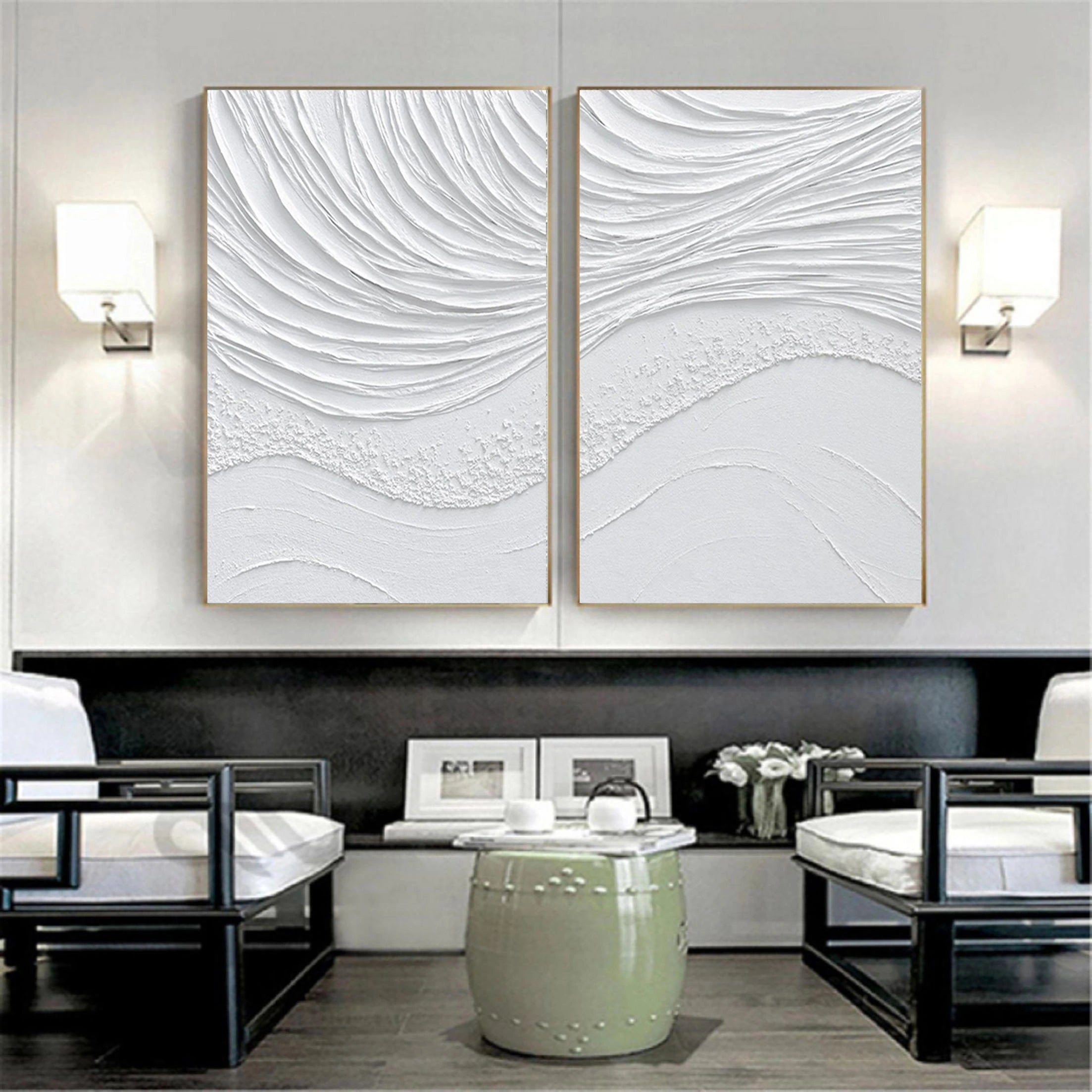 White Sea Waves Textured Plaster Art Painting On Canvas, Modern Minimalist Wall Art