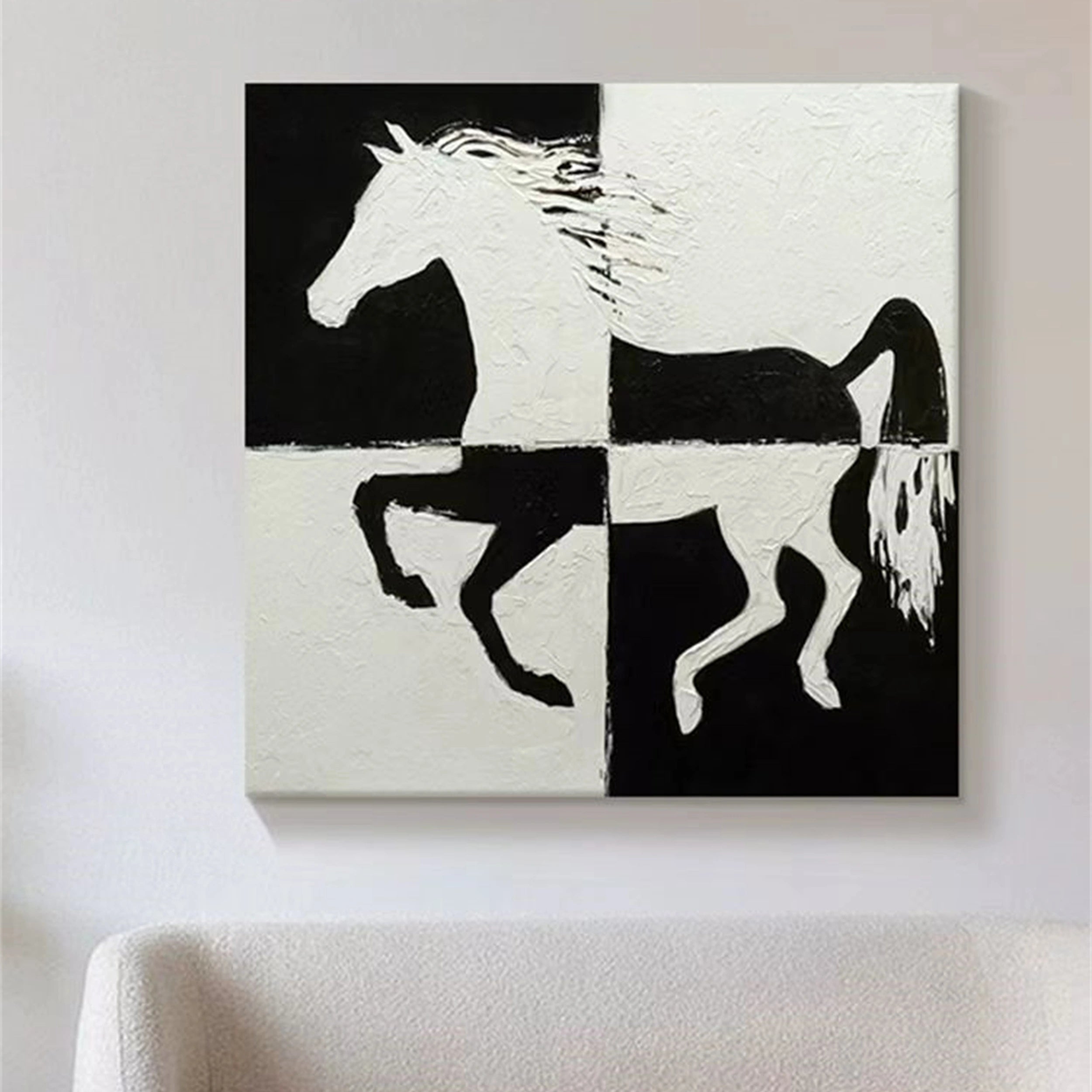 White And Black Horse Abstract Animal Wall Art #AL031