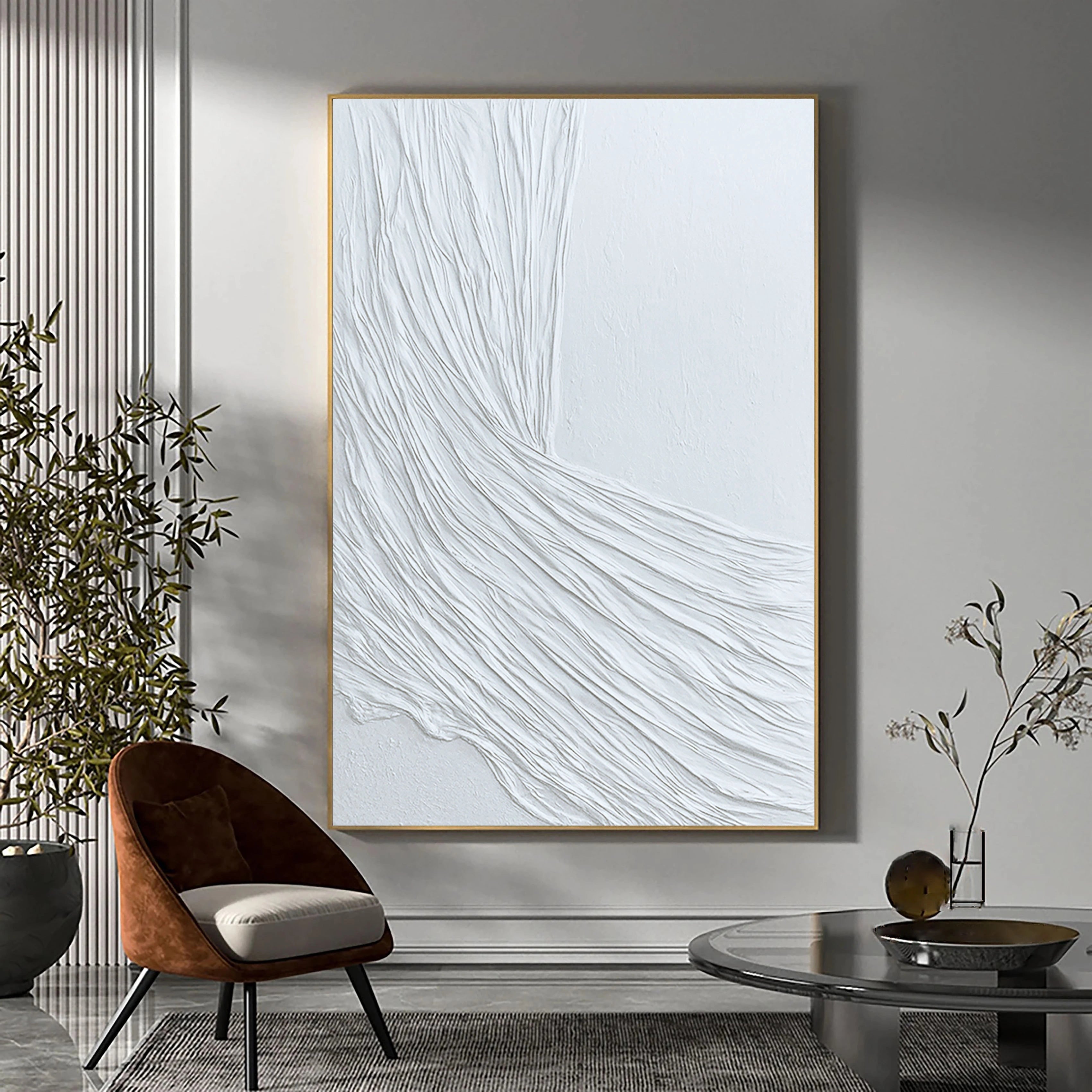 3D Textured White Minimalistic Plaster Painting on Canvas Original