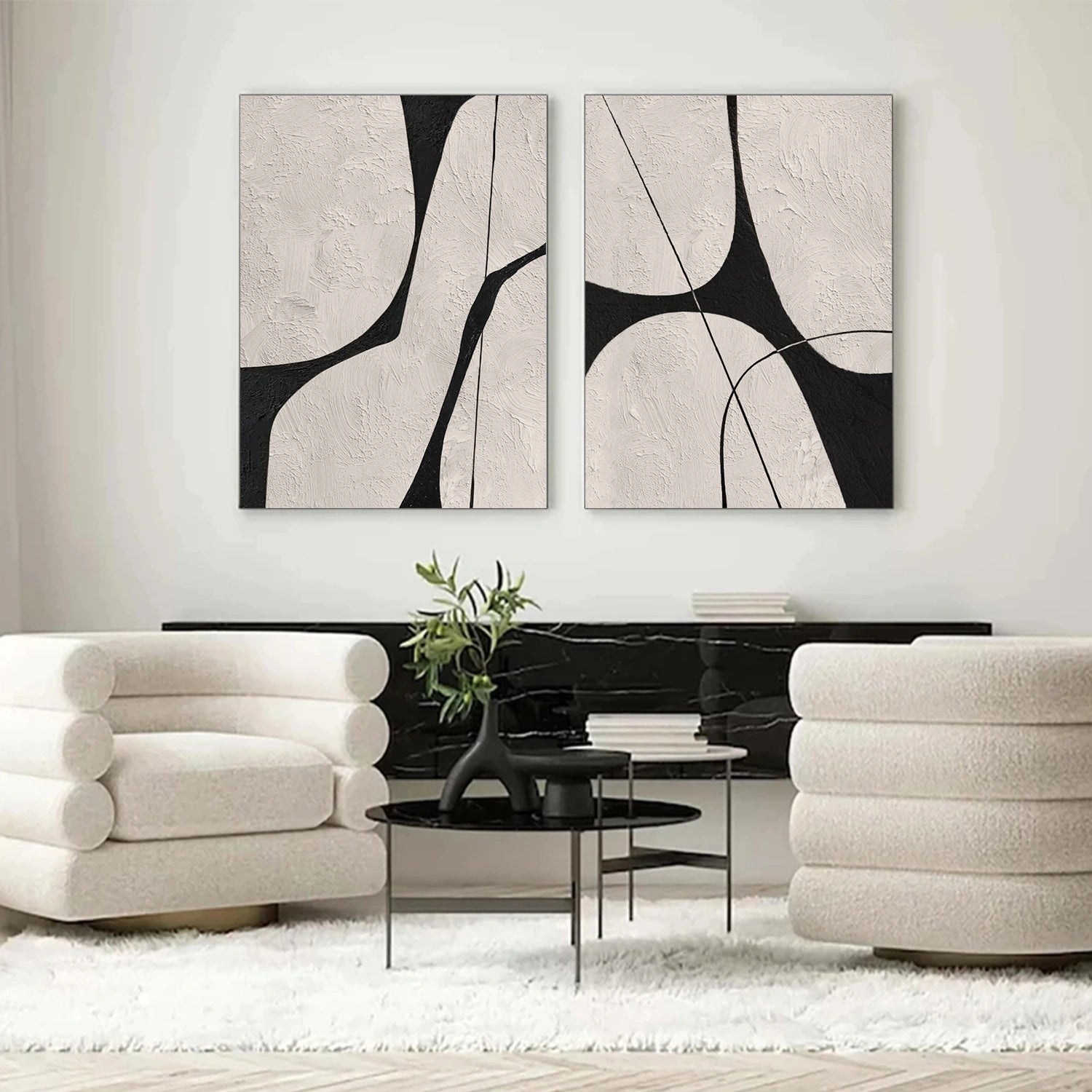 Beige & Black Abstract Textured Canvas Art Set of 2 #WS779