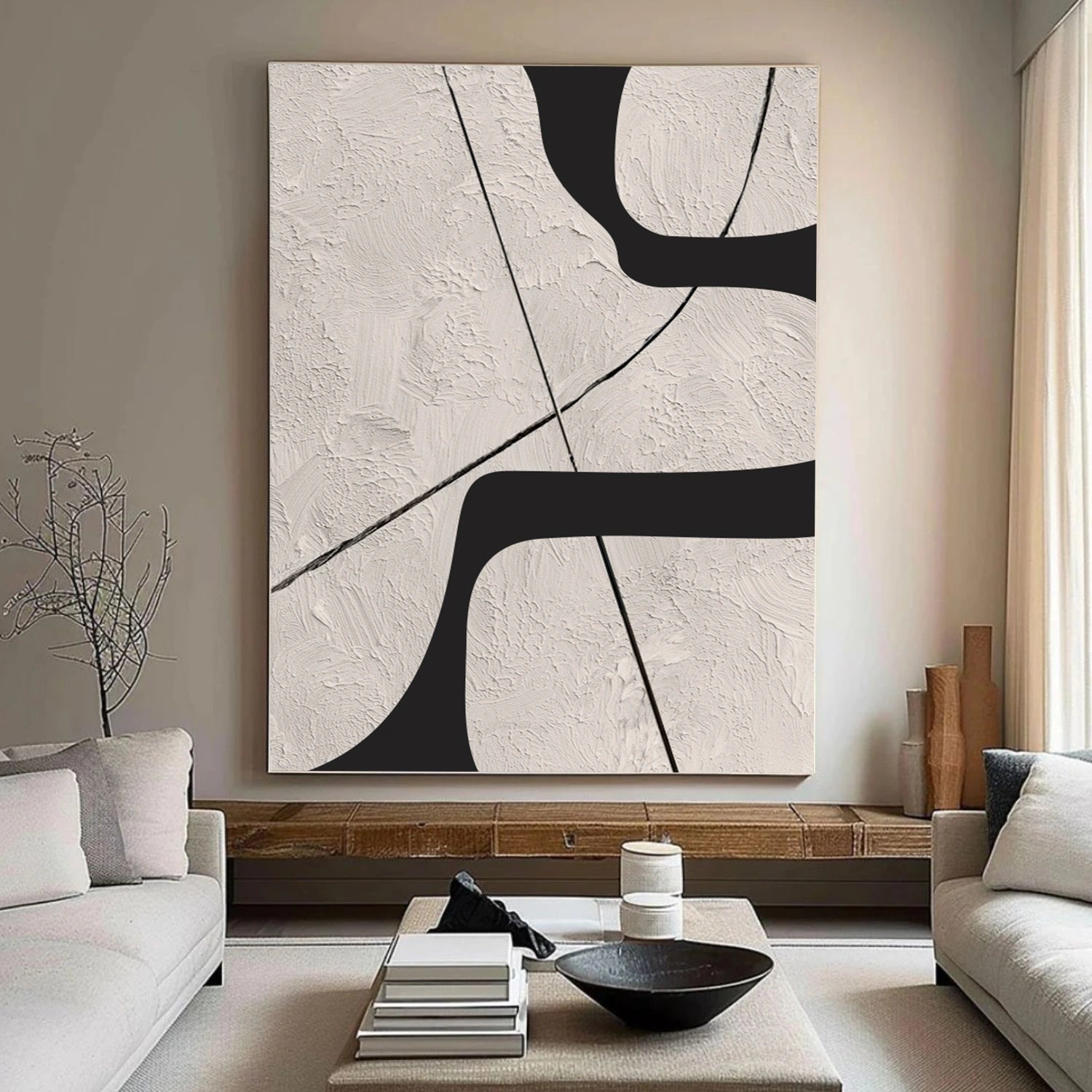 Beige & Black Abstract Textured Canvas Art #WS784