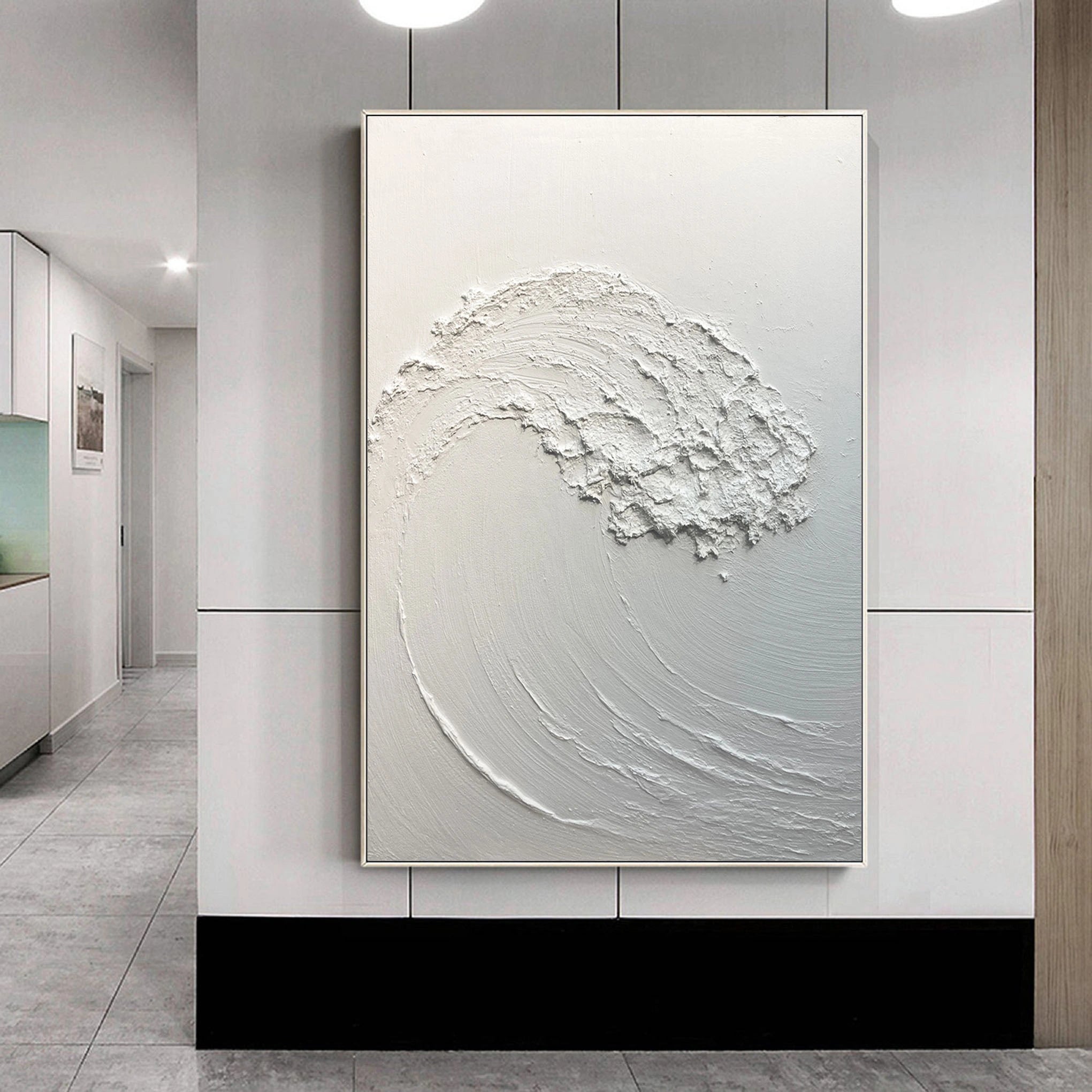 White Sea Waves Minimalist Textured Plaster Painting for Home Decor