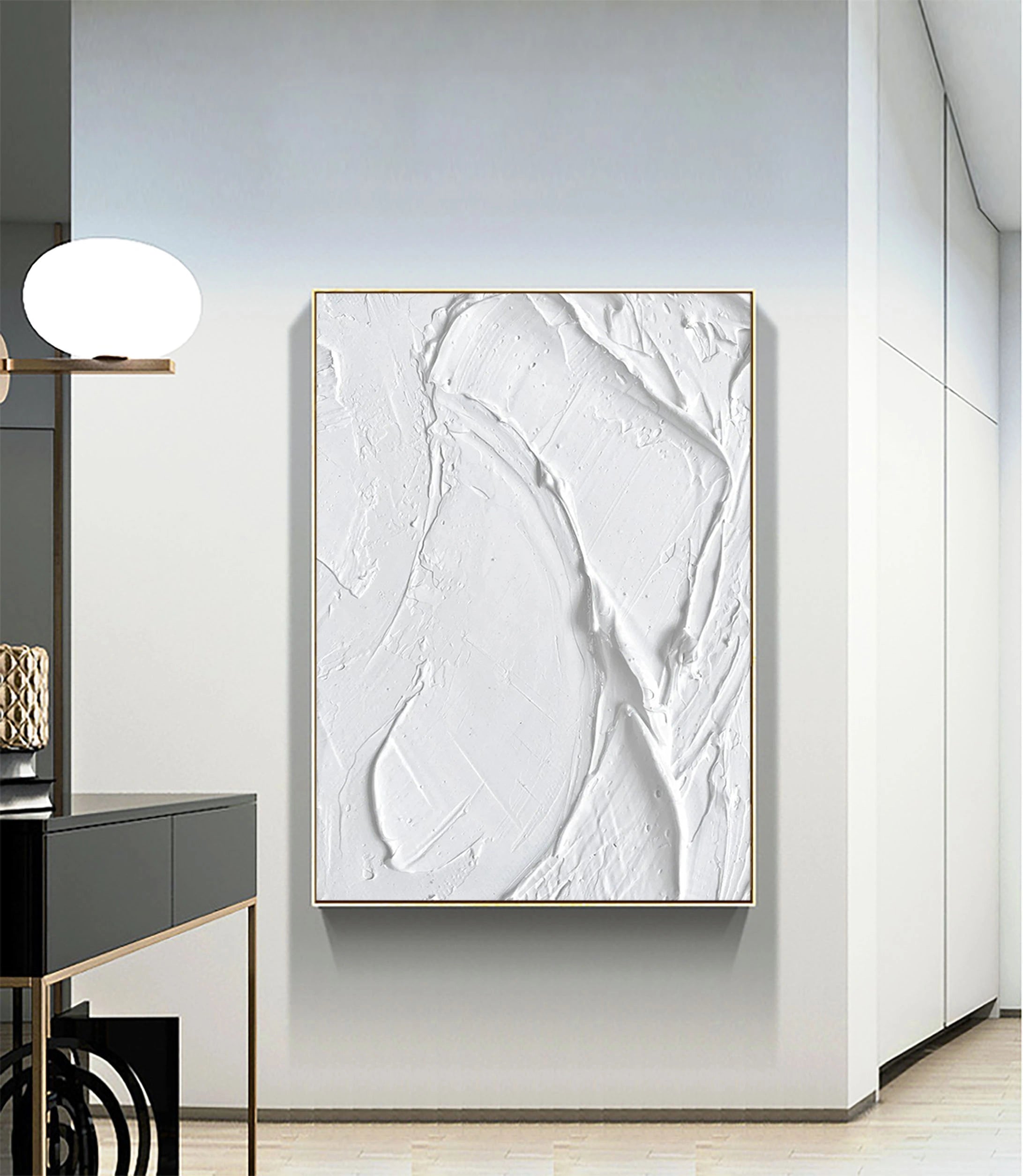 White 3D Textured Plaster Art Painting on Canvas Minimalist Room Decor