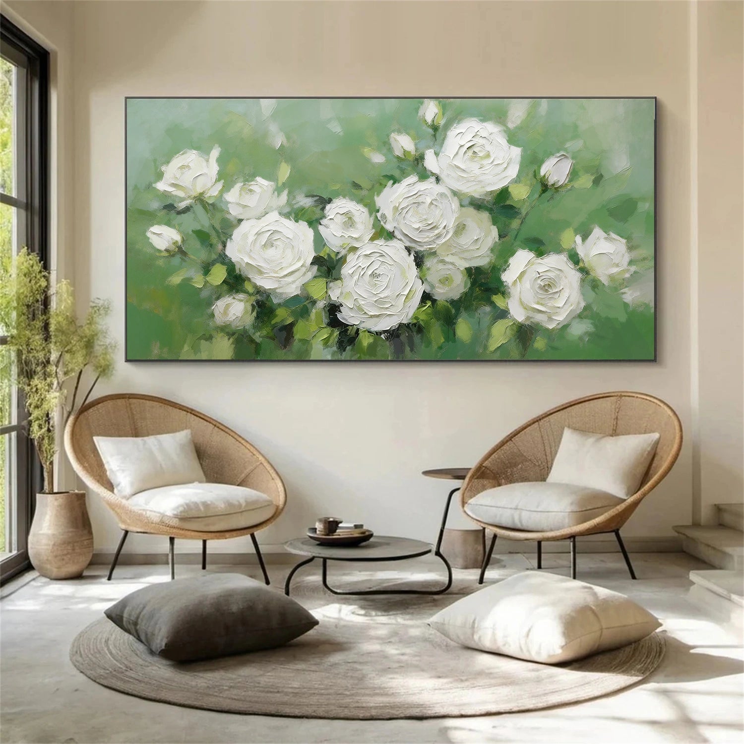White and Green Flower & Tree Abstract Textured Wall Art #ML214