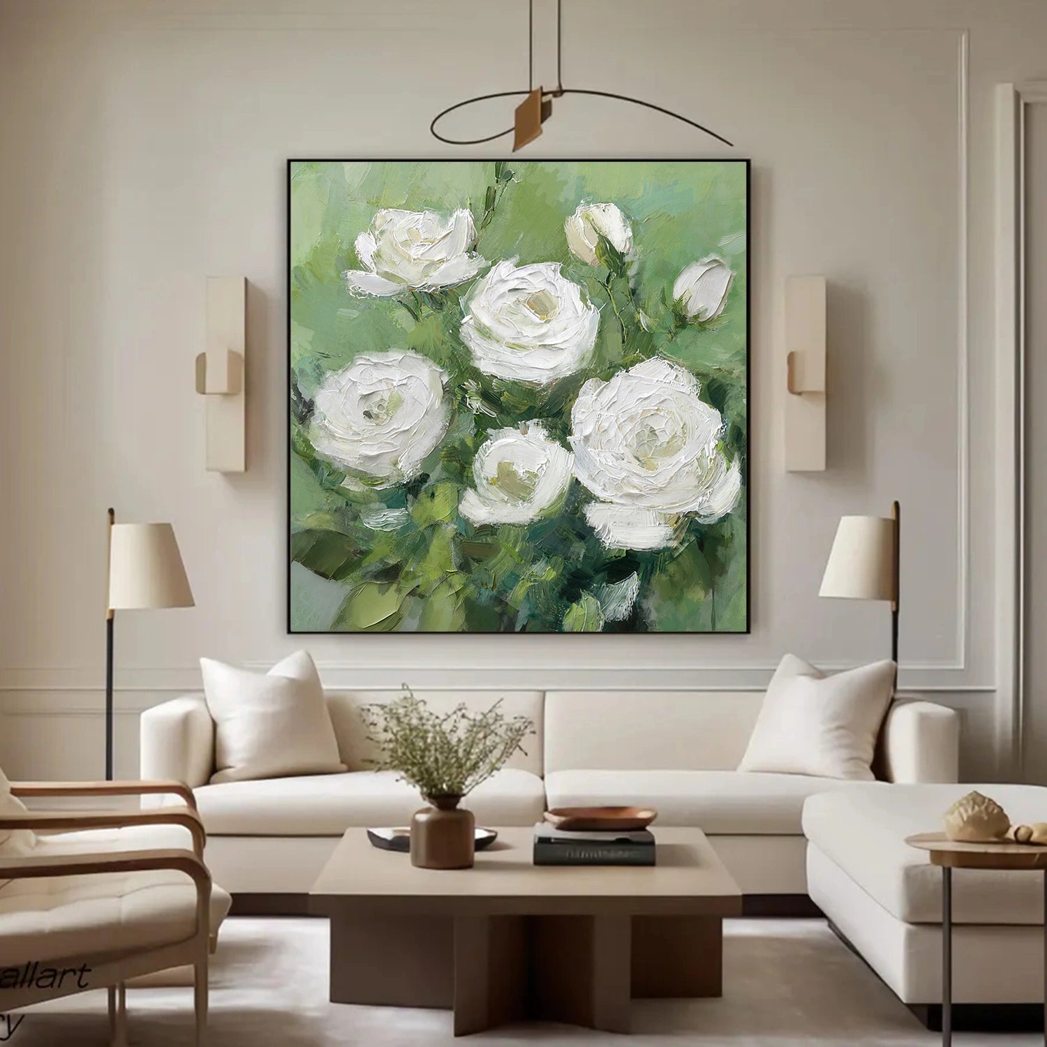 White and Green Flower & Tree Abstract Textured Wall Art #ML215