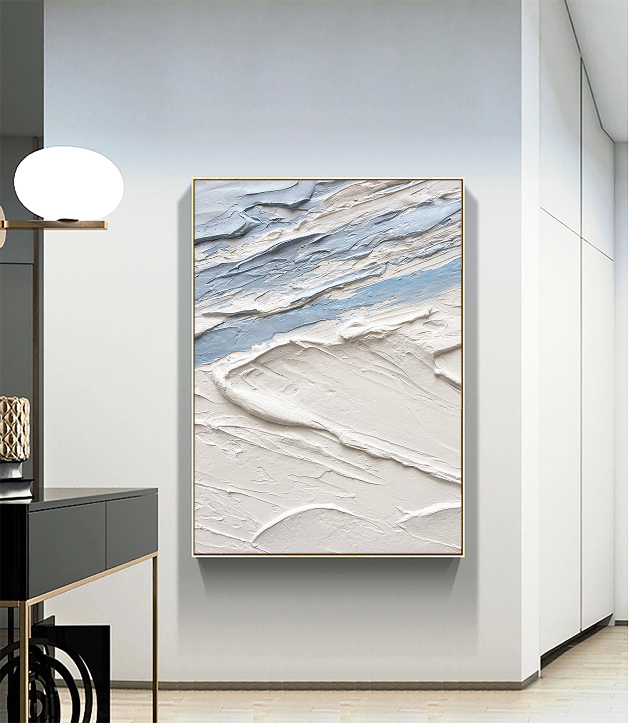 Blue White Textured Sea Slaps Plaster Art Minimalist Painting Wall Decor