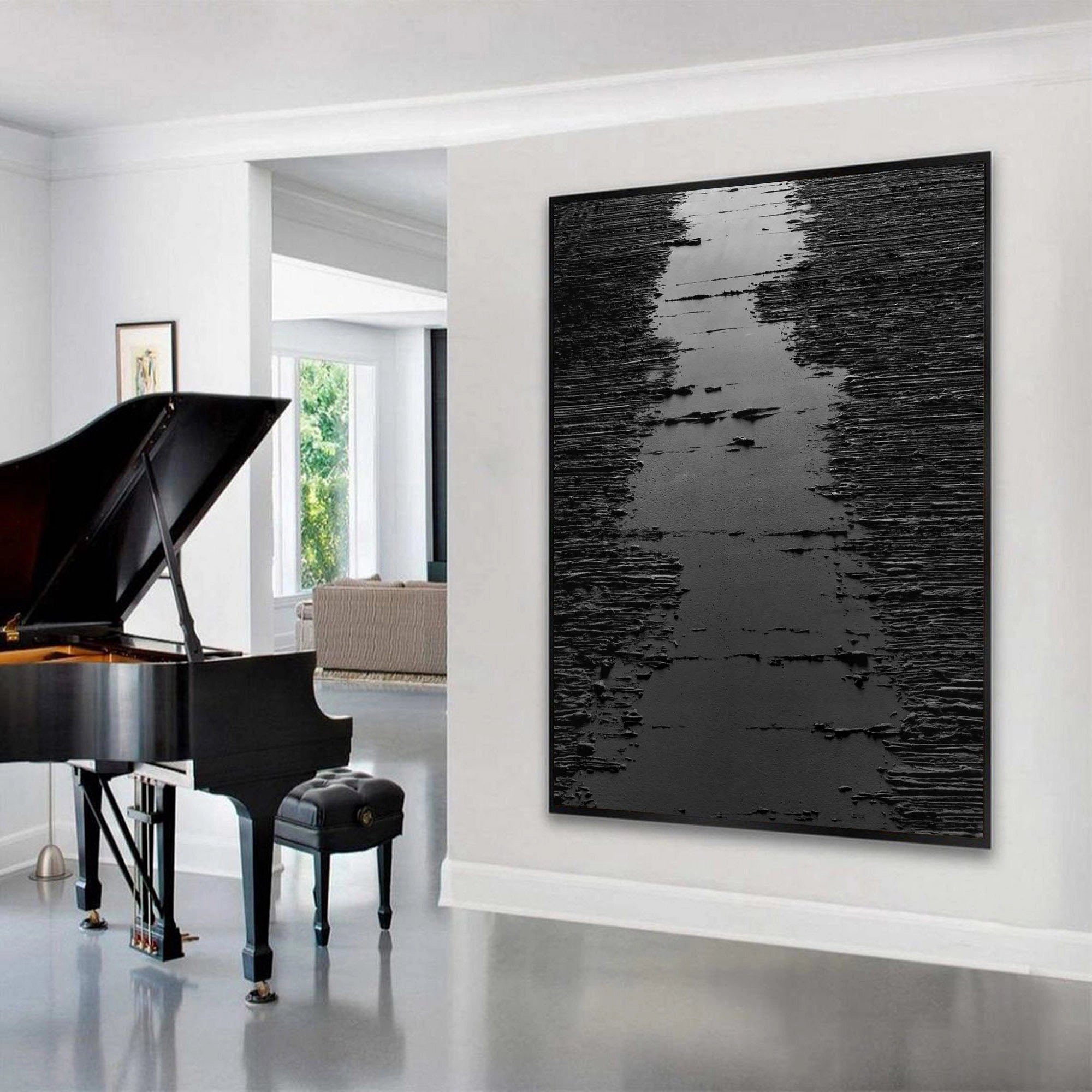 Black 3D Textured Minimalist River Canvas Wall Artwork Decor for Room
