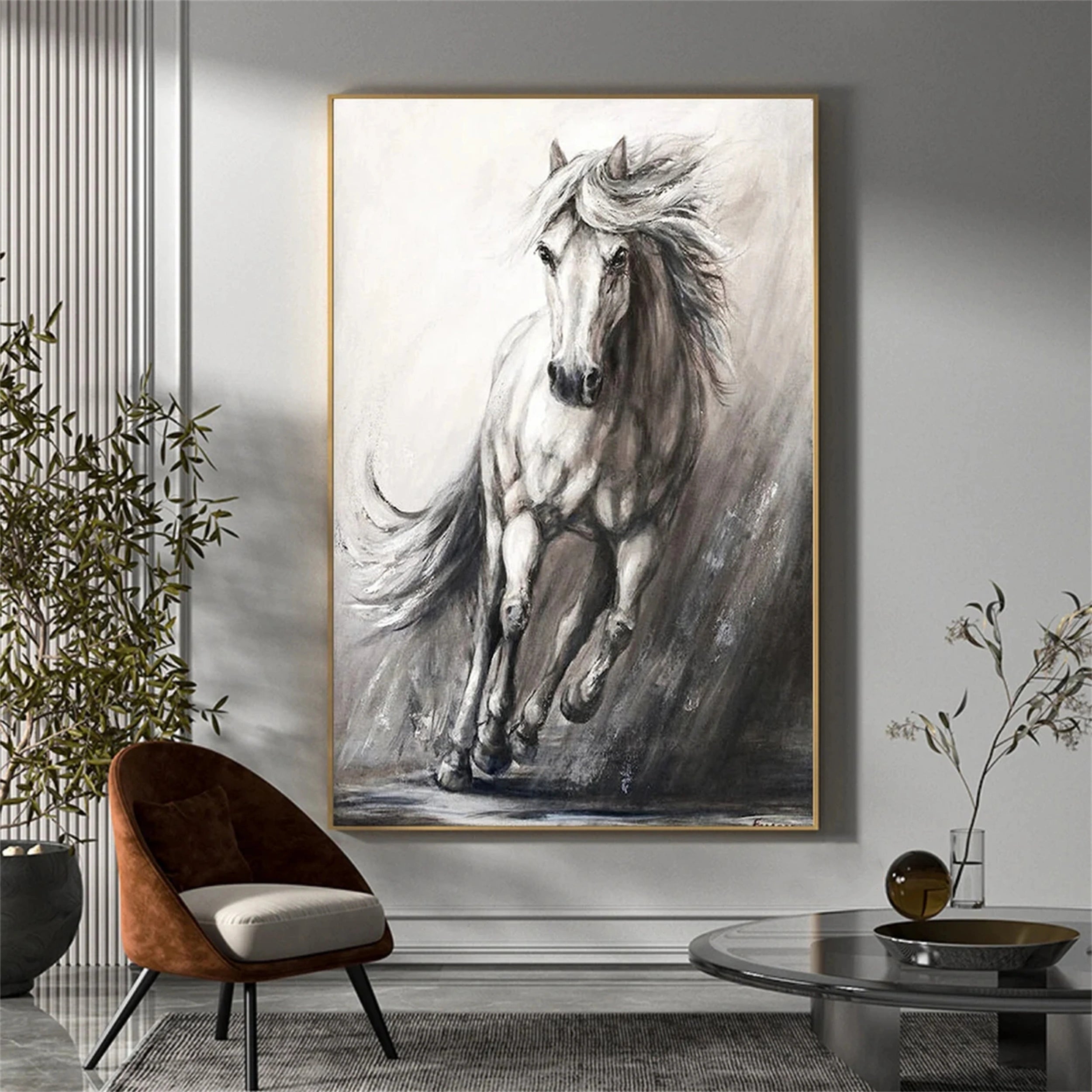 White And Black Horse Abstract Animal Wall Art #AL048